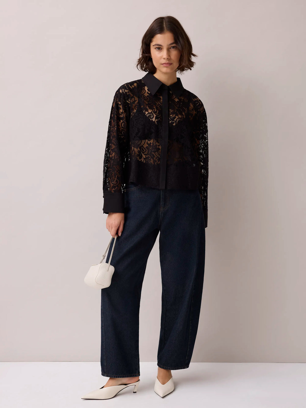 Black Lace And Satin Trim Shirt