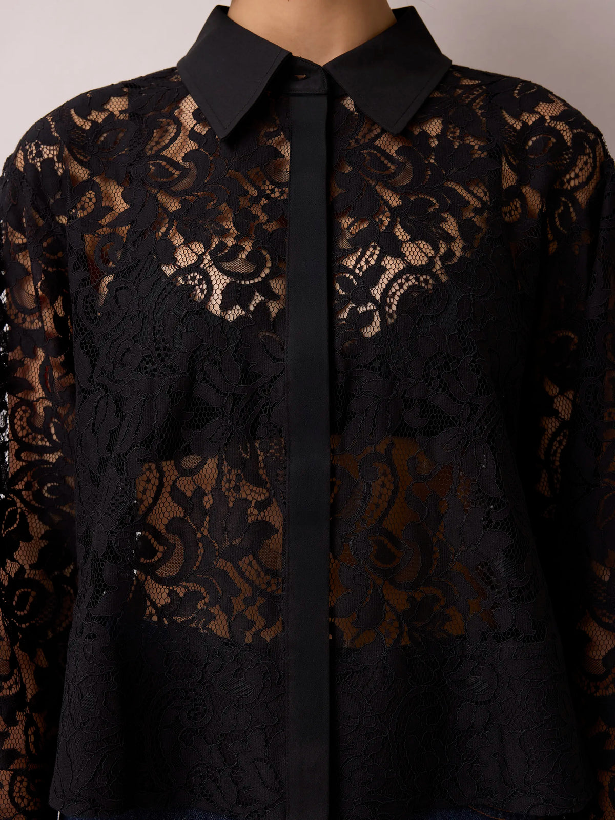 Black Lace And Satin Trim Shirt