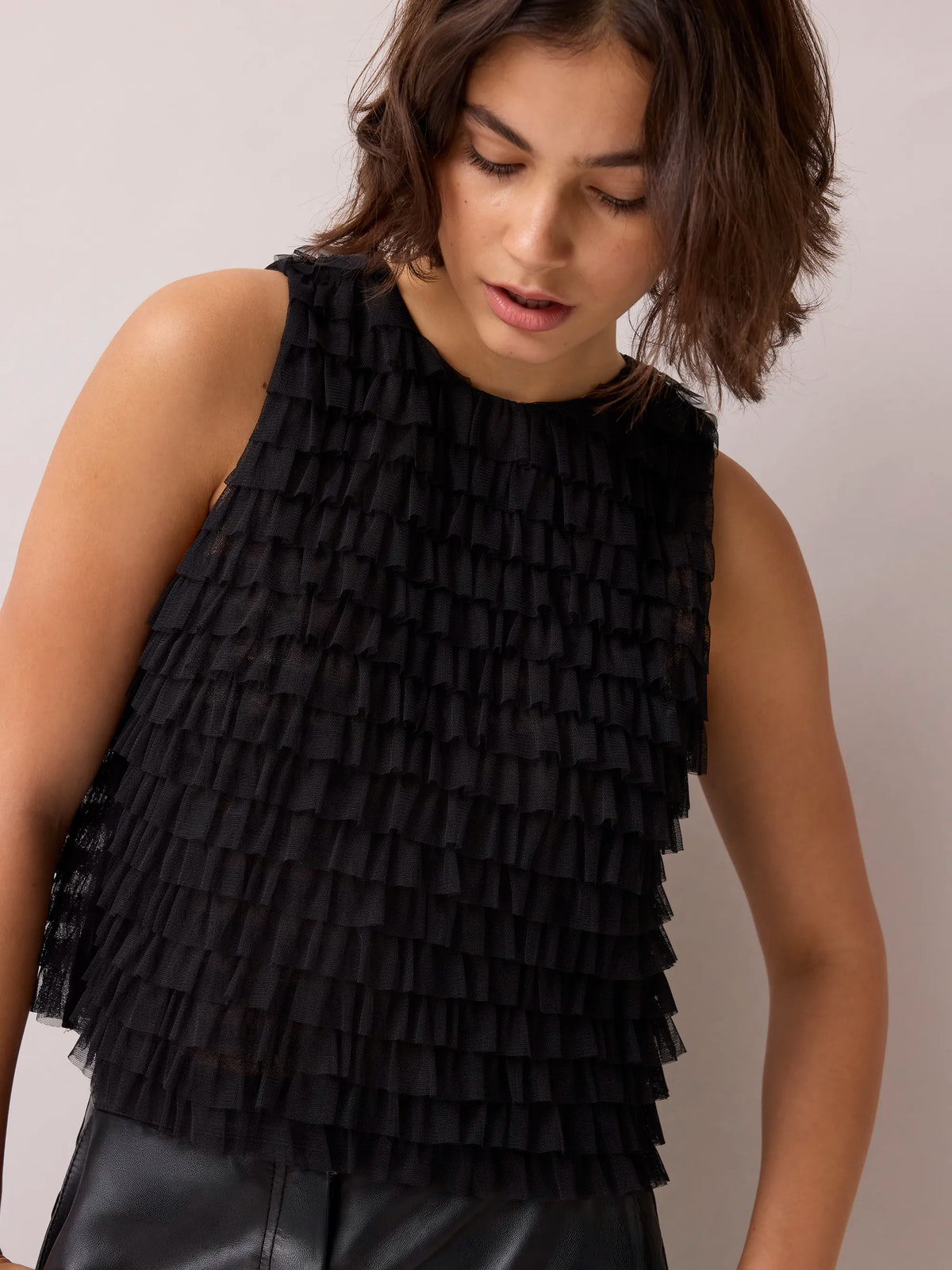 Black Tulle Ruffle Shell Top