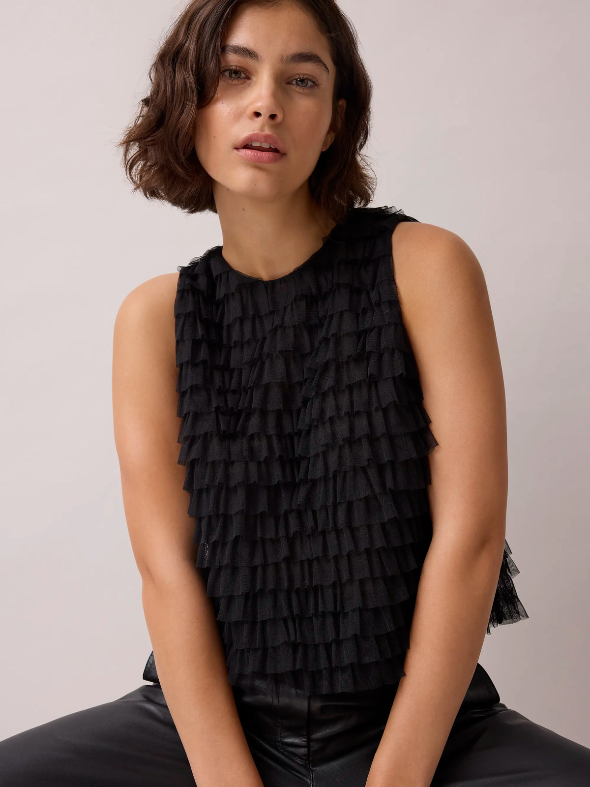 Black Tulle Ruffle Shell Top