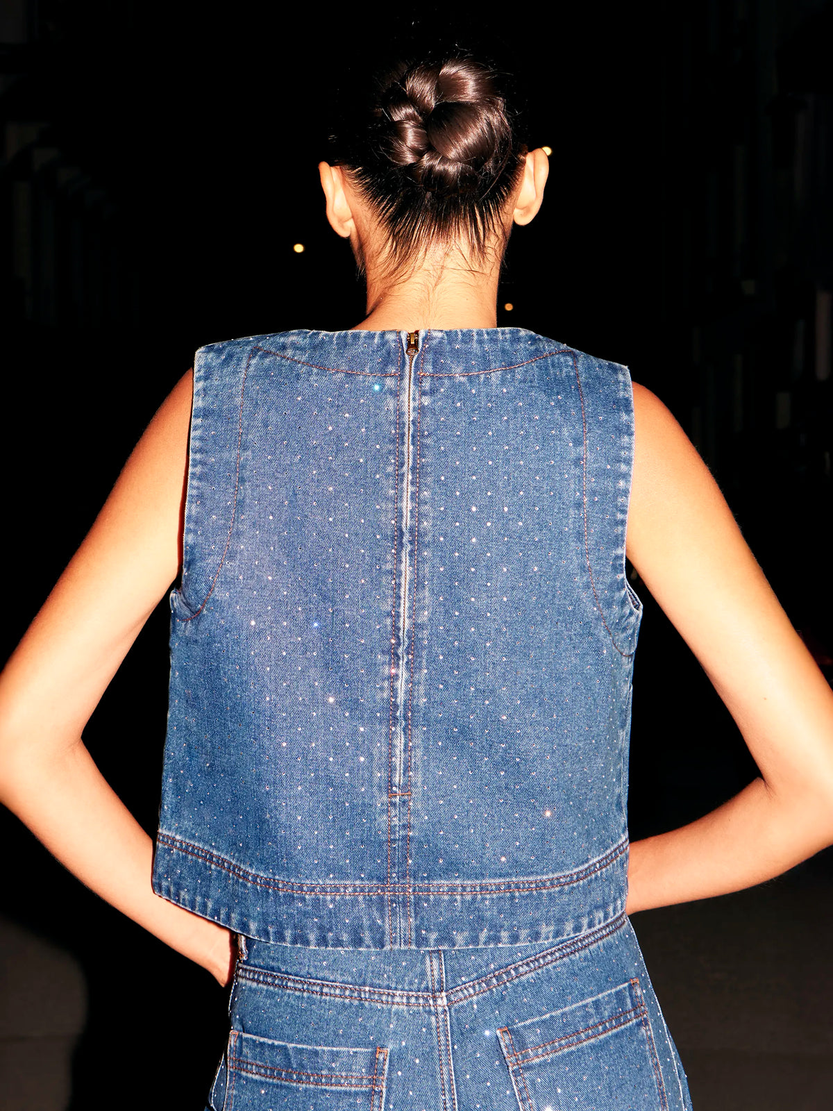 Blue Embellished Denim Shell Top