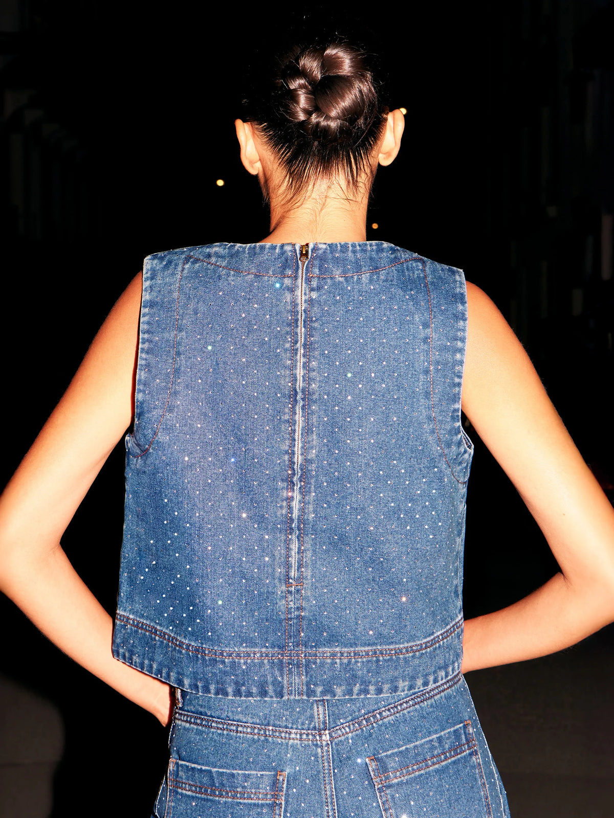 Blue Embellished Denim Shell Top