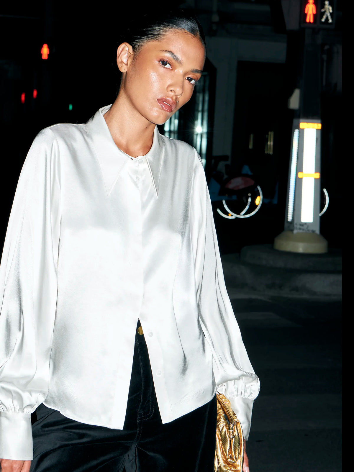 Ivory satin statement collar shirt