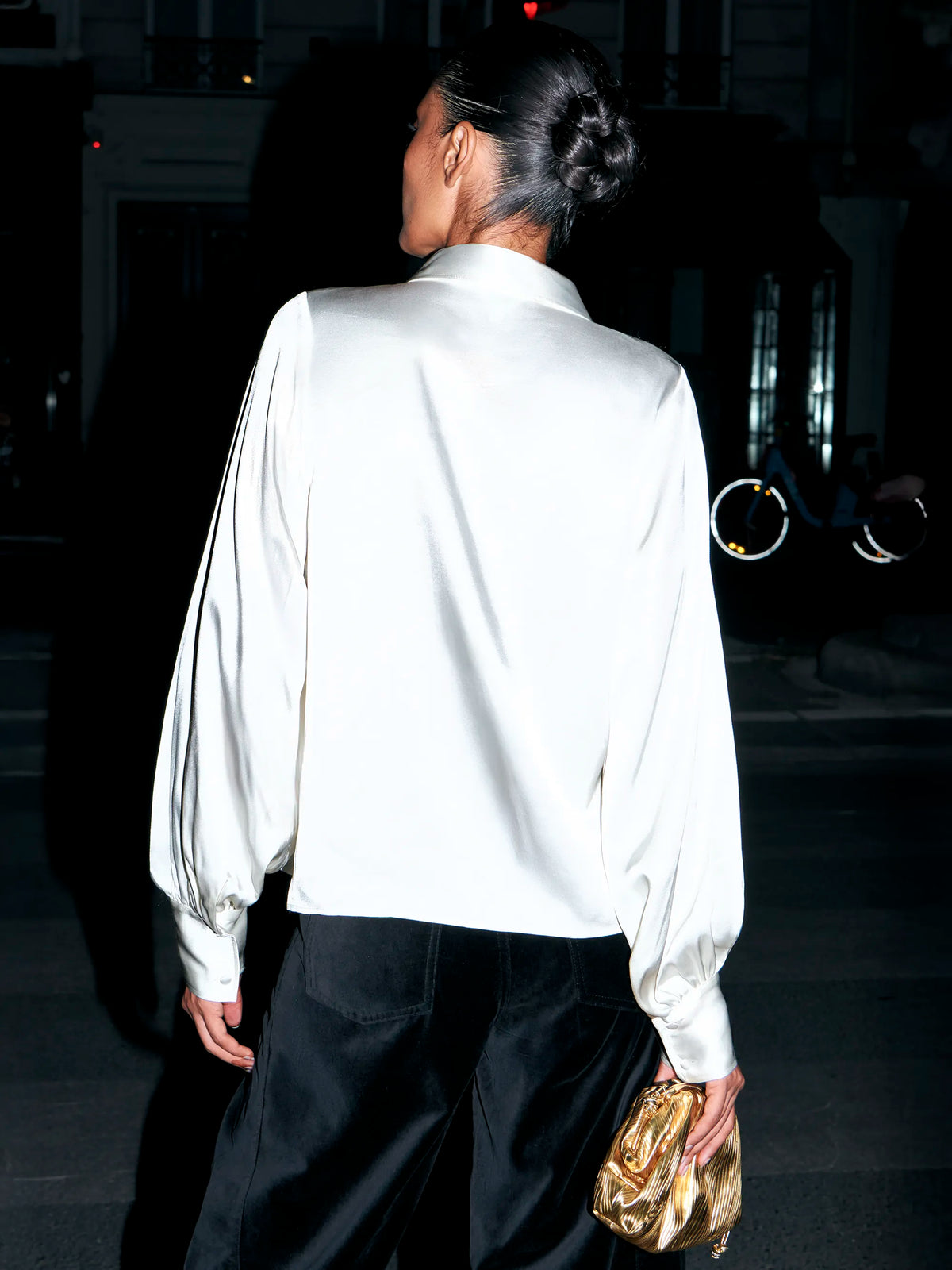 Ivory satin statement collar shirt
