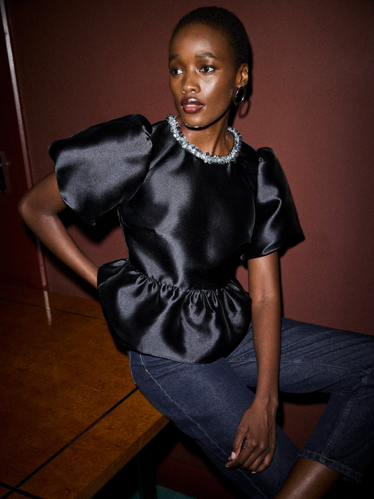 Black Satin Embellished Trim Peplum Top