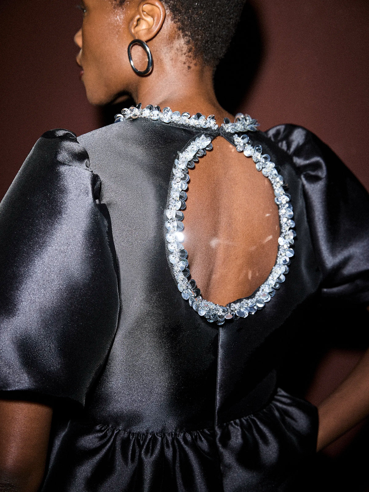 Black Satin Embellished Trim Peplum Top