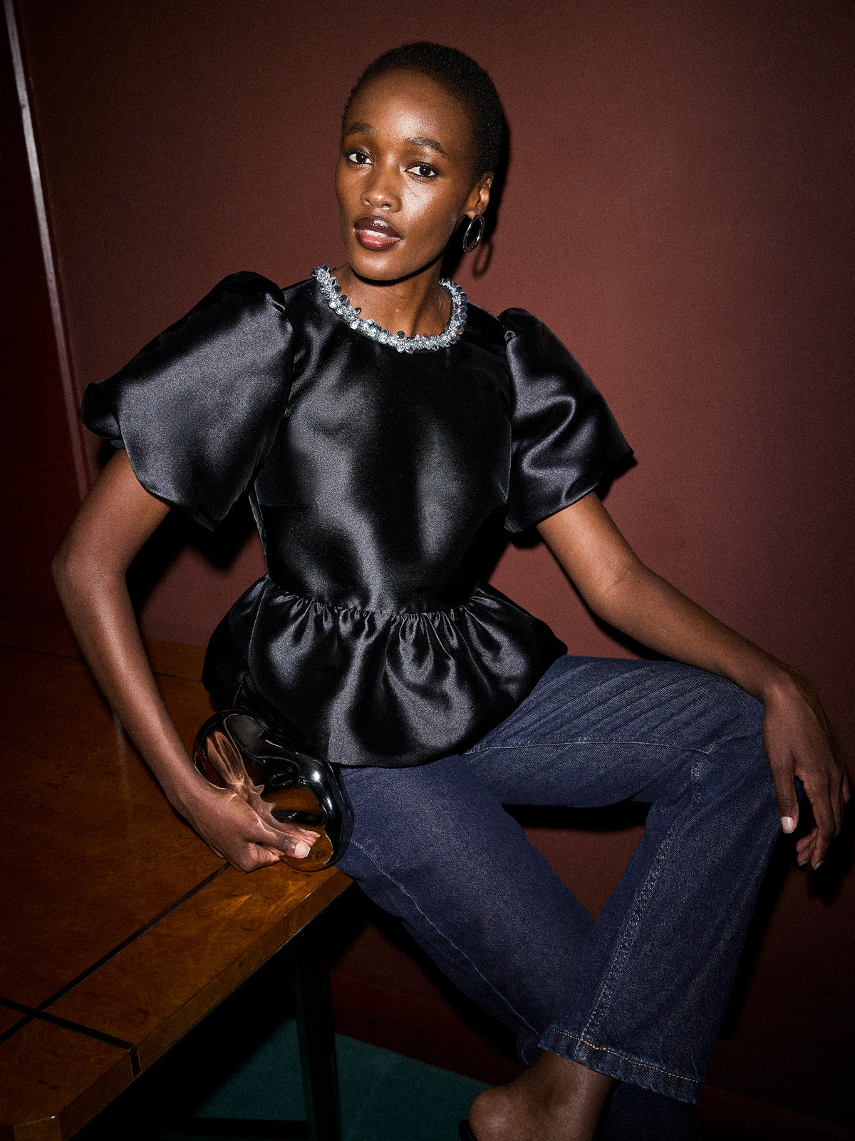 Black Satin Embellished Trim Peplum Top