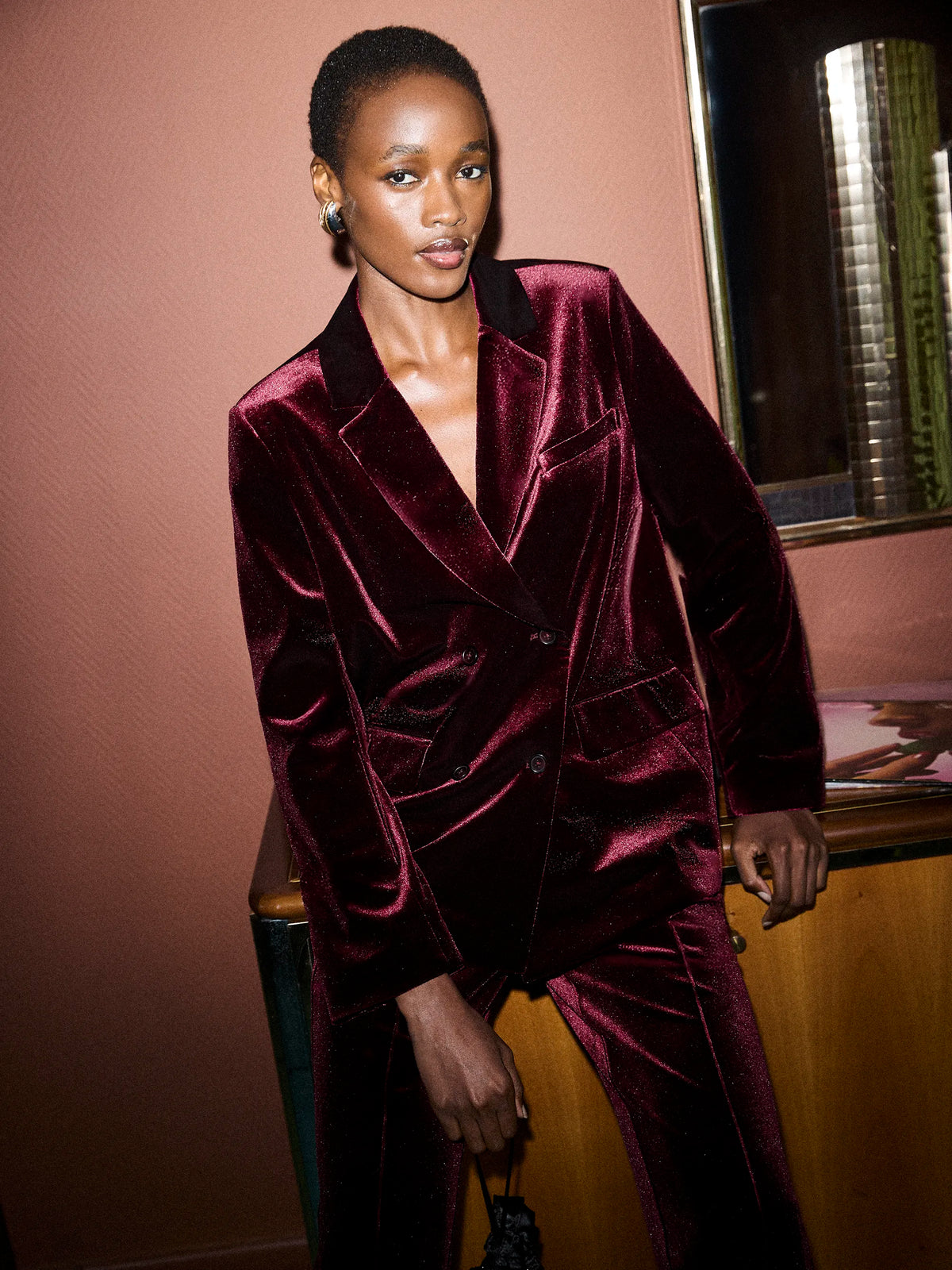 Dark Red Velvet Double Breasted Blazer