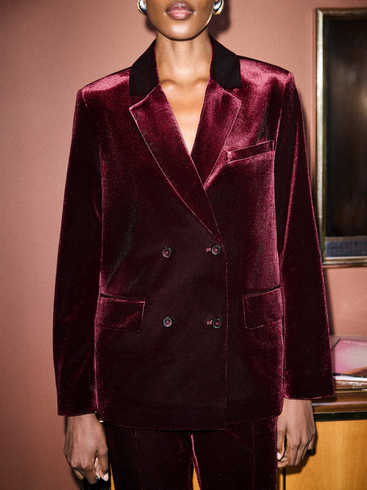 Dark Red Velvet Double Breasted Blazer