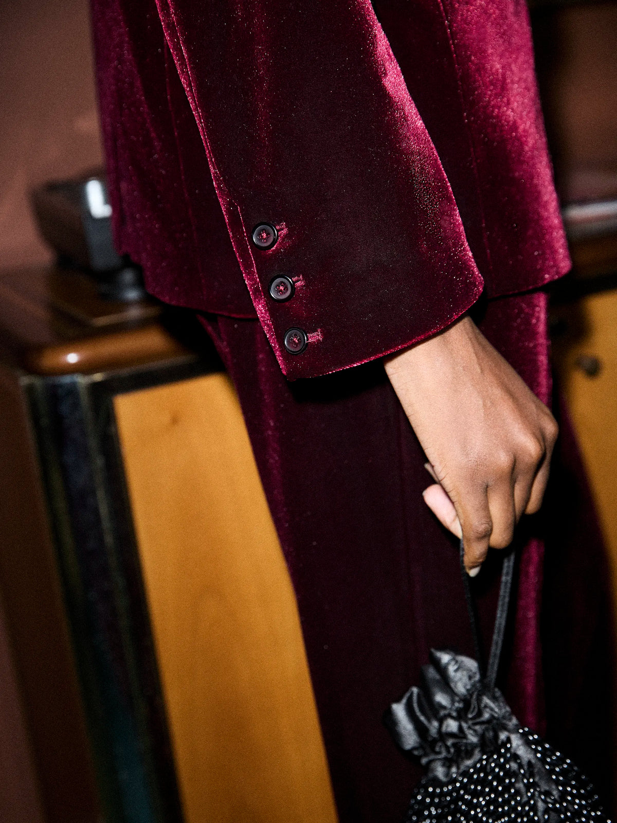 Dark Red Velvet Double Breasted Blazer