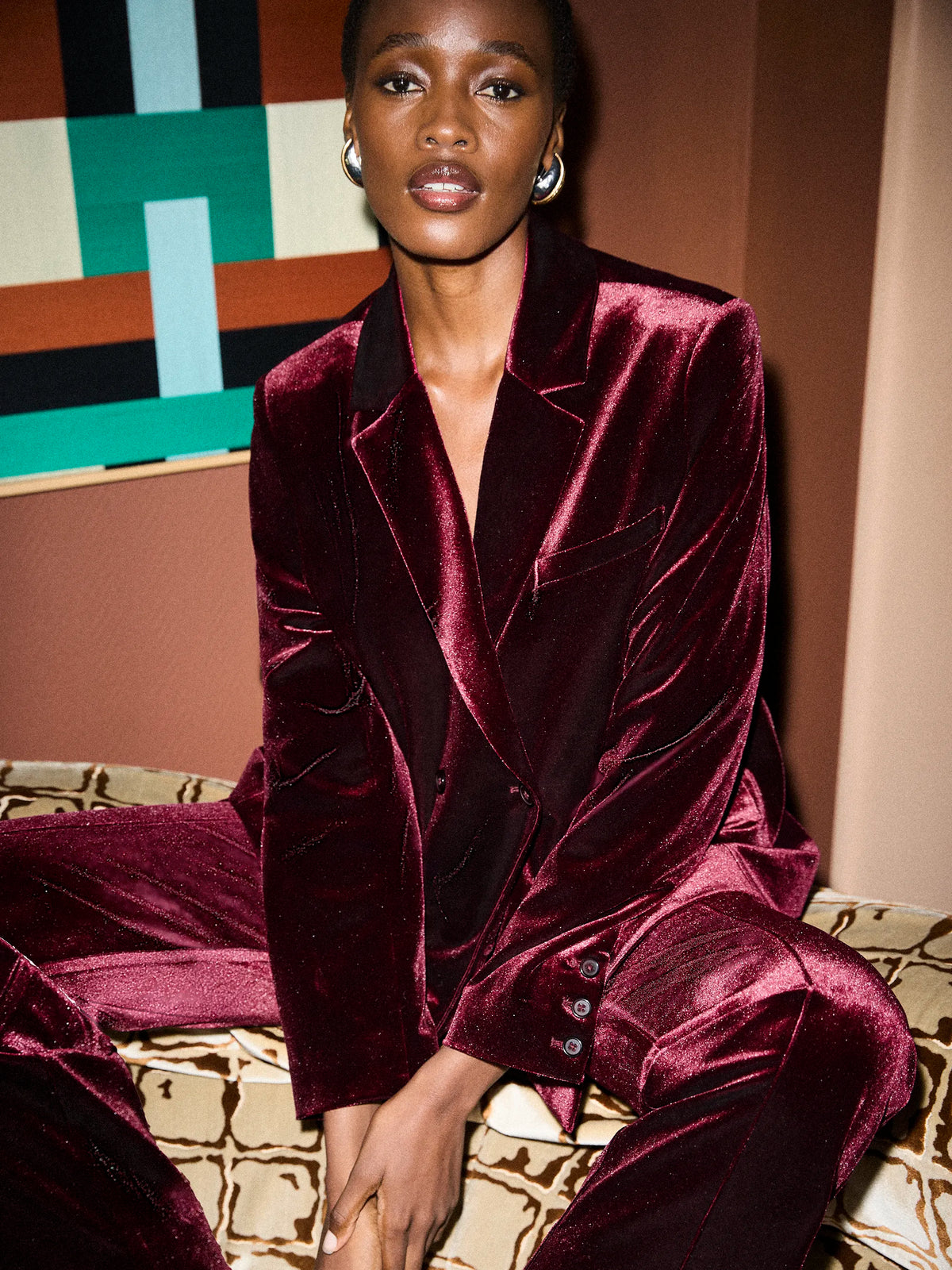 Petite Dark Red Velvet Straight Leg Trousers