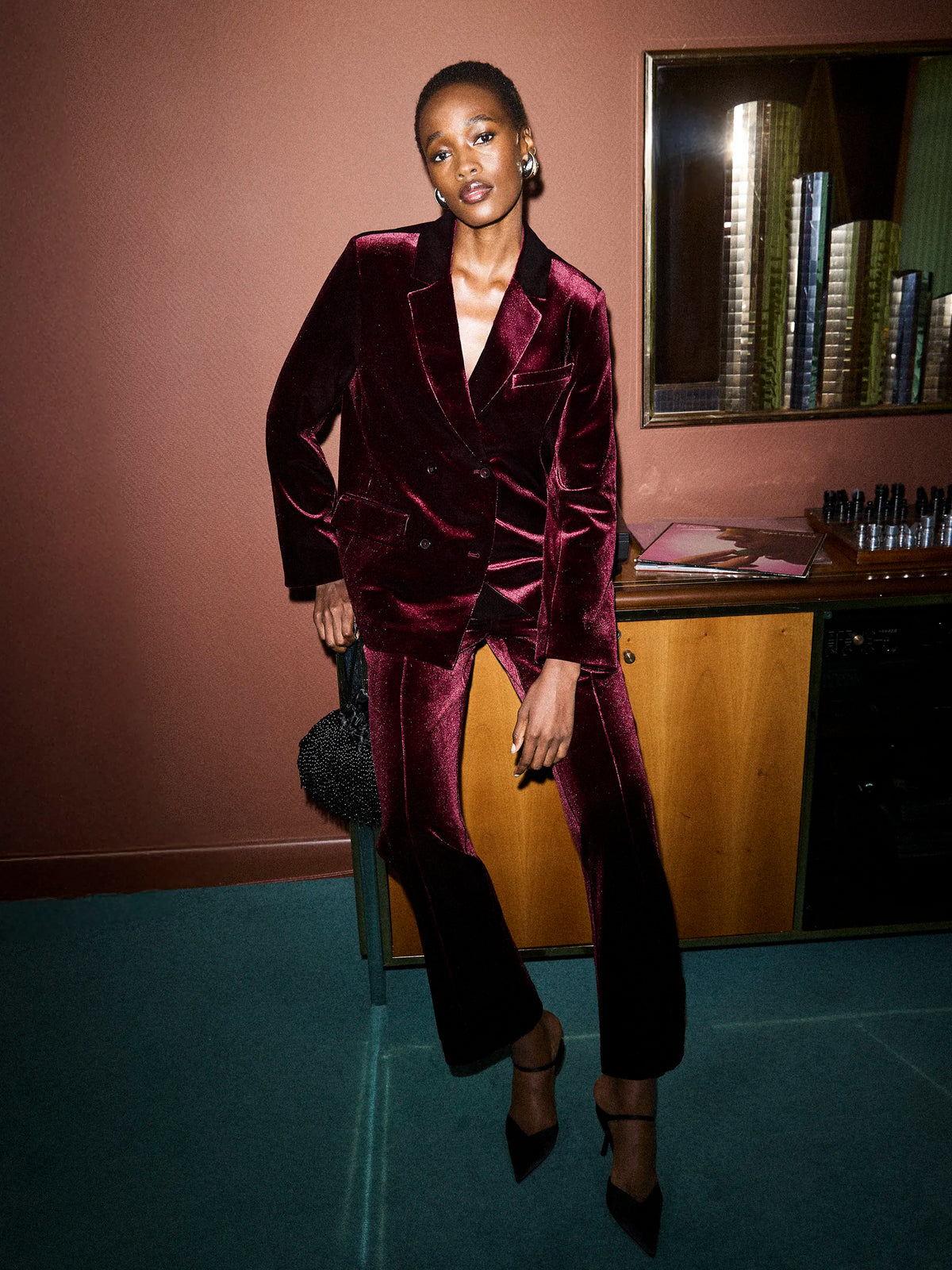 Dark Red Velvet Straight Leg Trousers