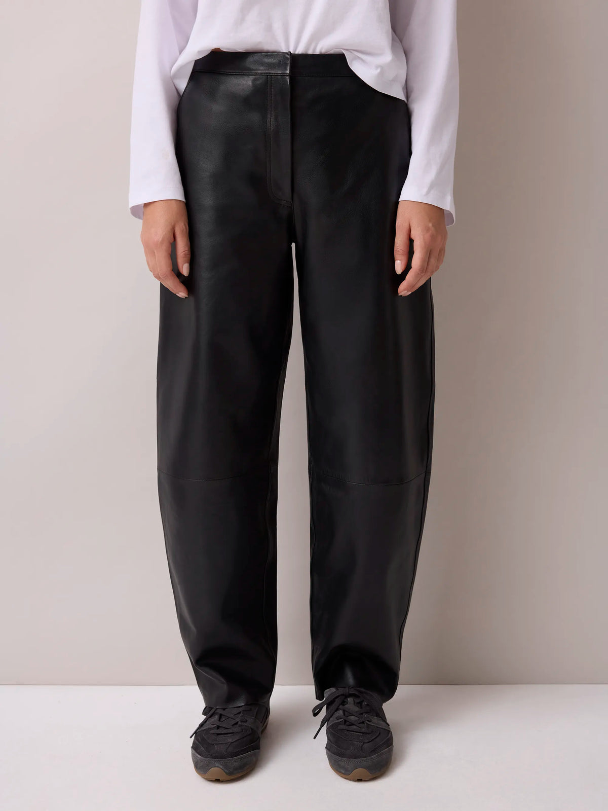 Black Leather Barrel Leg Trousers