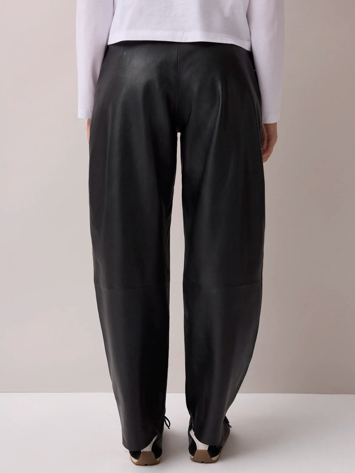 Petite Black Leather Barrel Leg Trousers