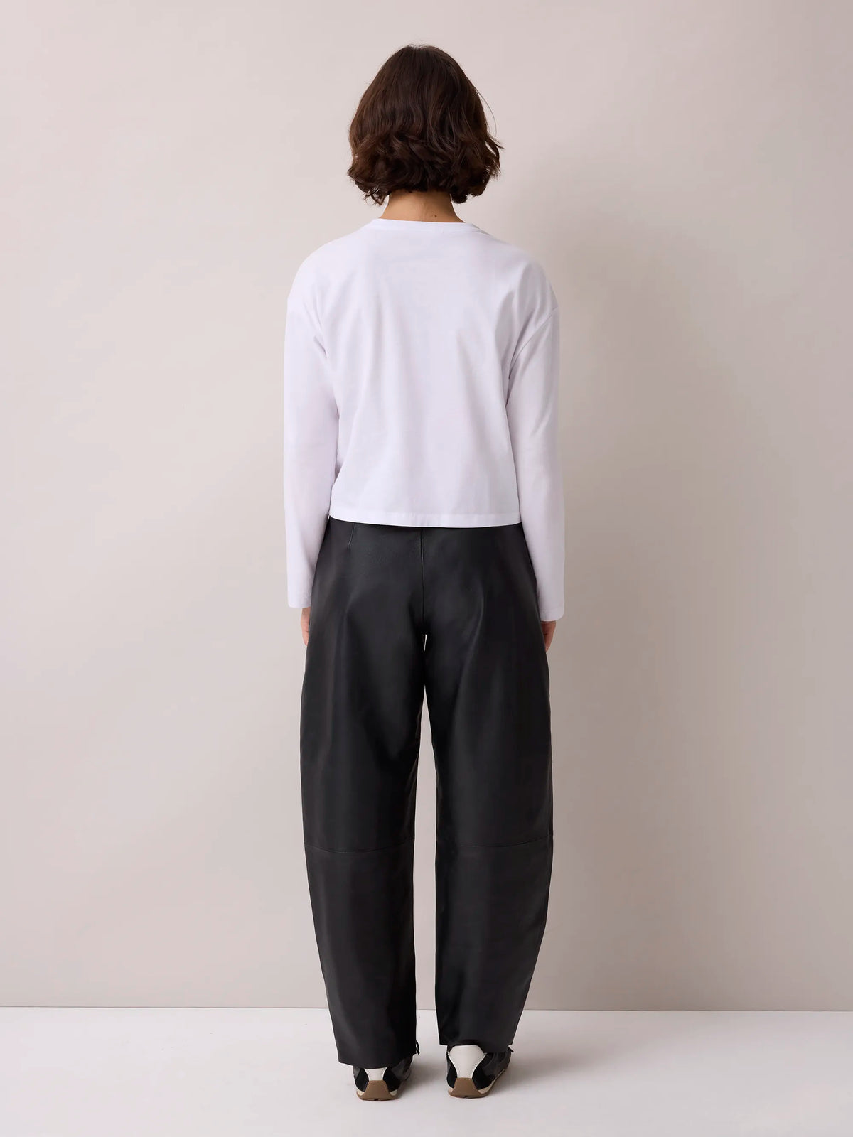 Petite Black Leather Barrel Leg Trousers