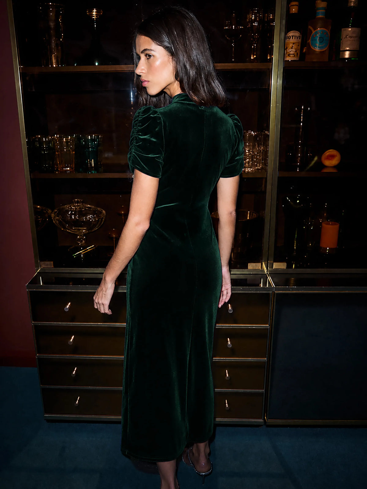 Petite Harriet Green Velvet Puff Sleeve Dress