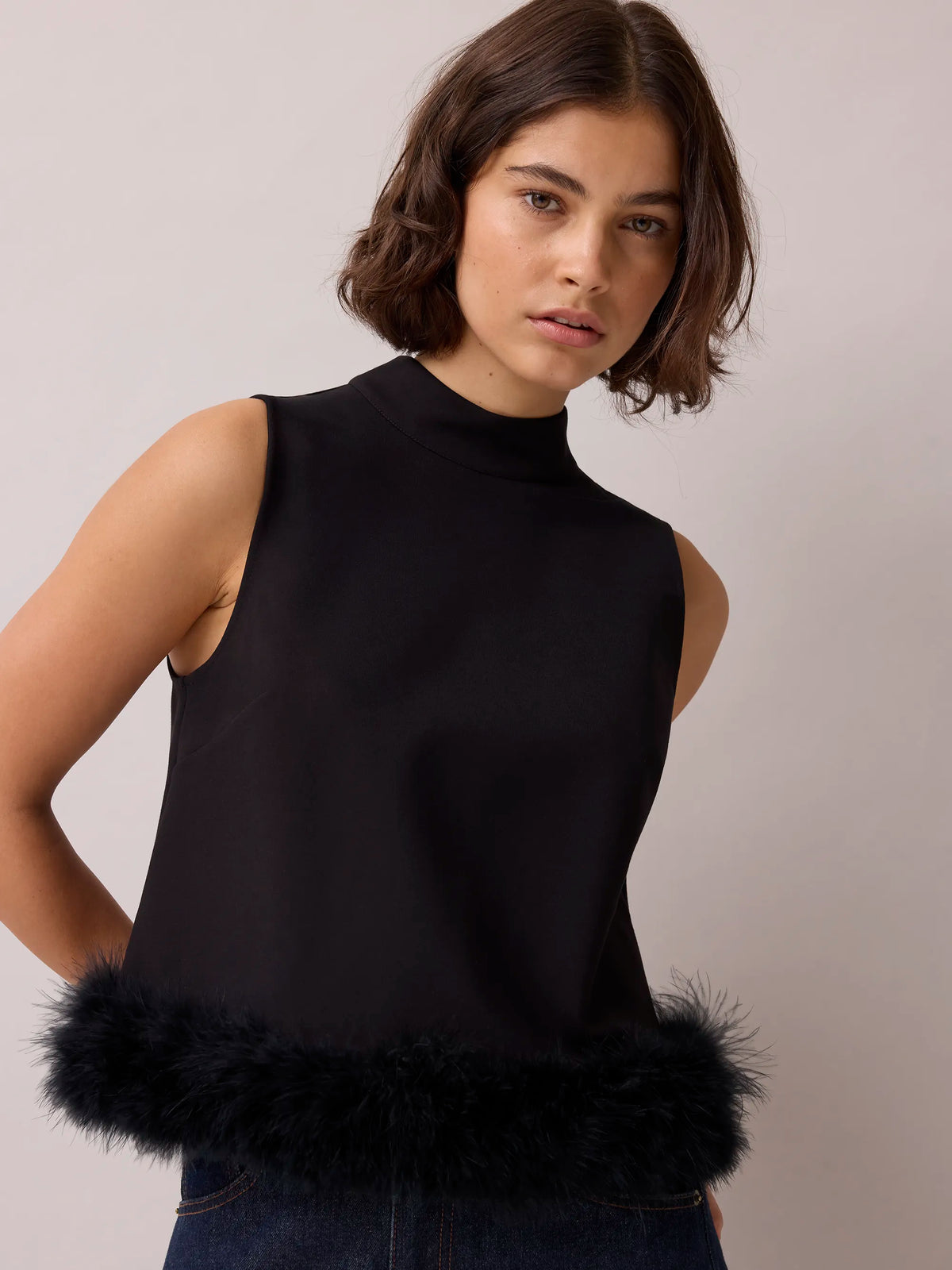 Black Feather Trim High Neck Top