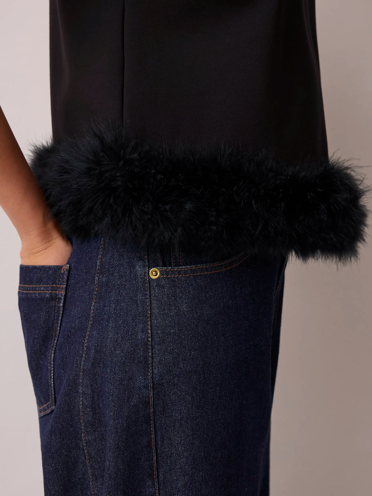 Black Feather Trim High Neck Top