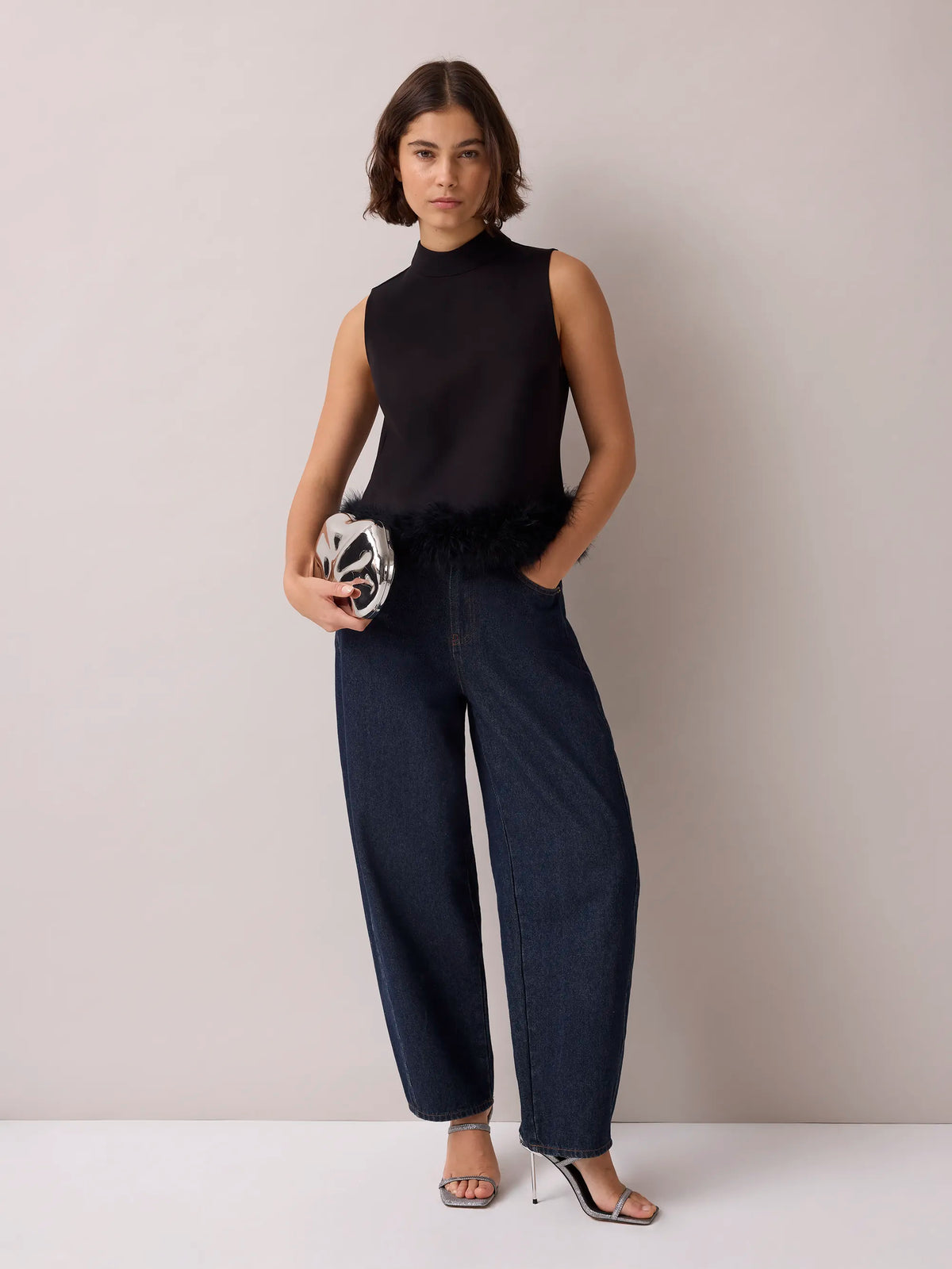 Black Feather Trim High Neck Top