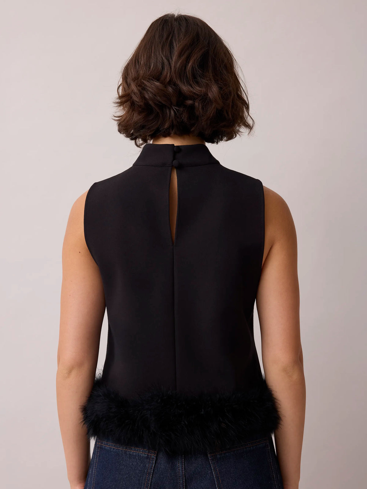 Black Feather Trim High Neck Top