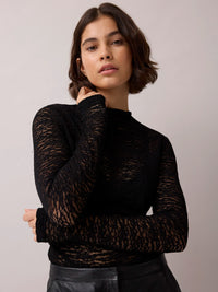 Black Sheer Lace Long Sleeve Top