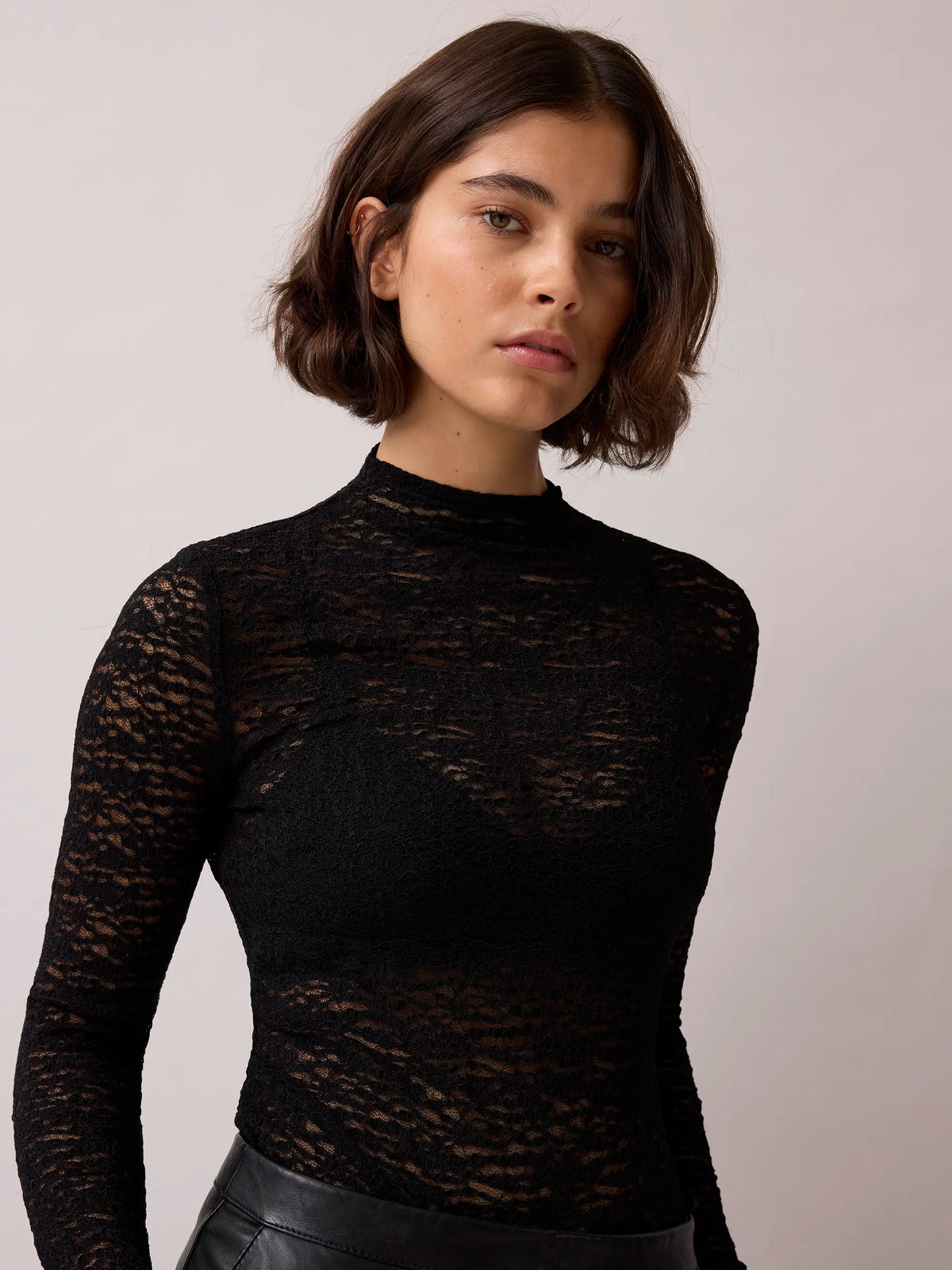 Black Sheer Lace Long Sleeve Top