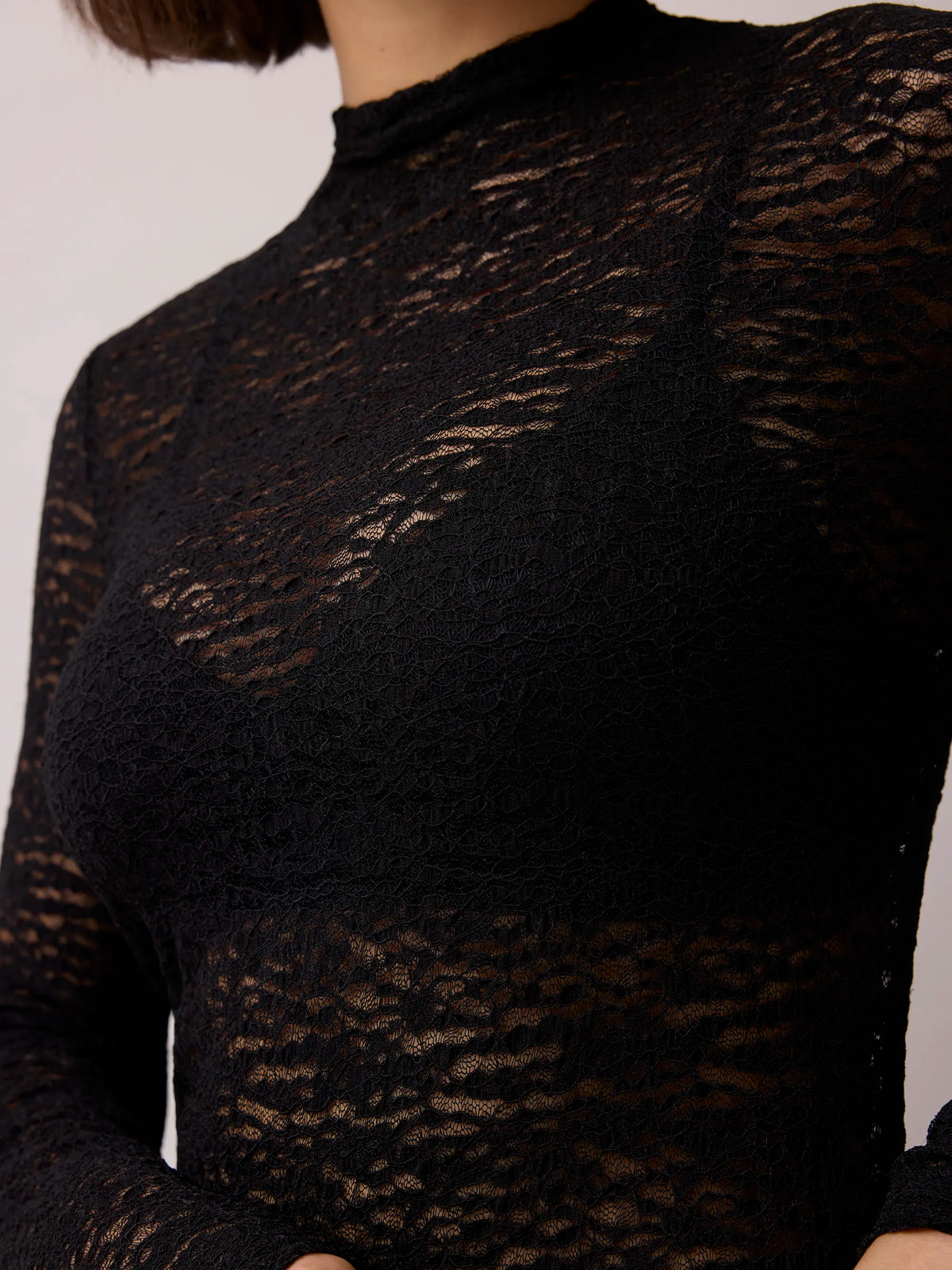 Black Sheer Lace Long Sleeve Top