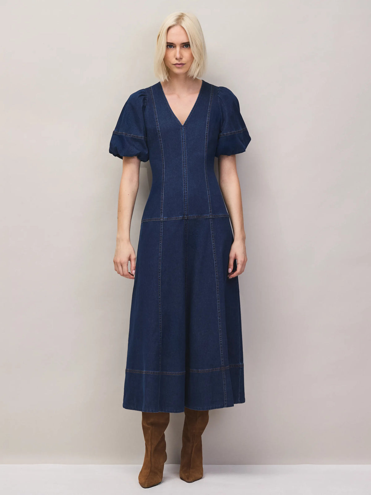 Blue Denim Puff Sleeve Midi Dress