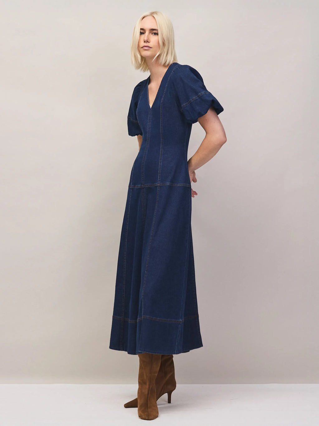 Petite Denim Puff Sleeve Midi Dress
