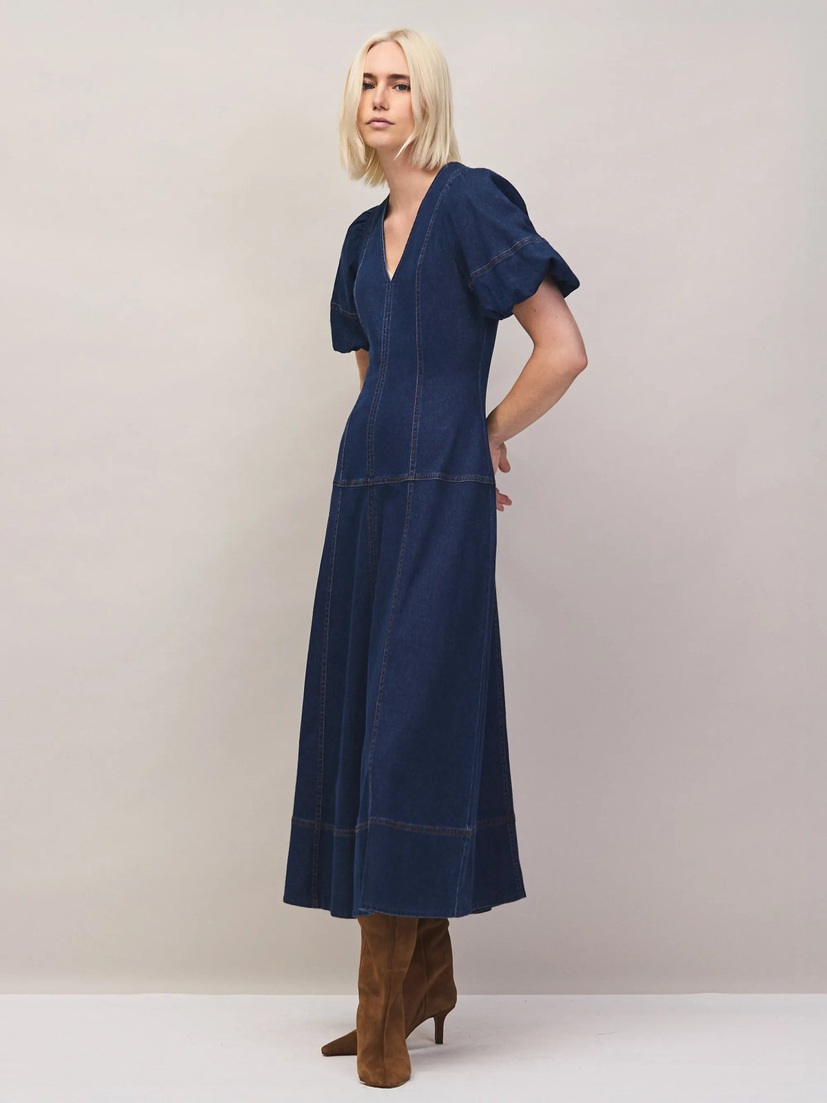 Blue Denim Puff Sleeve Midi Dress