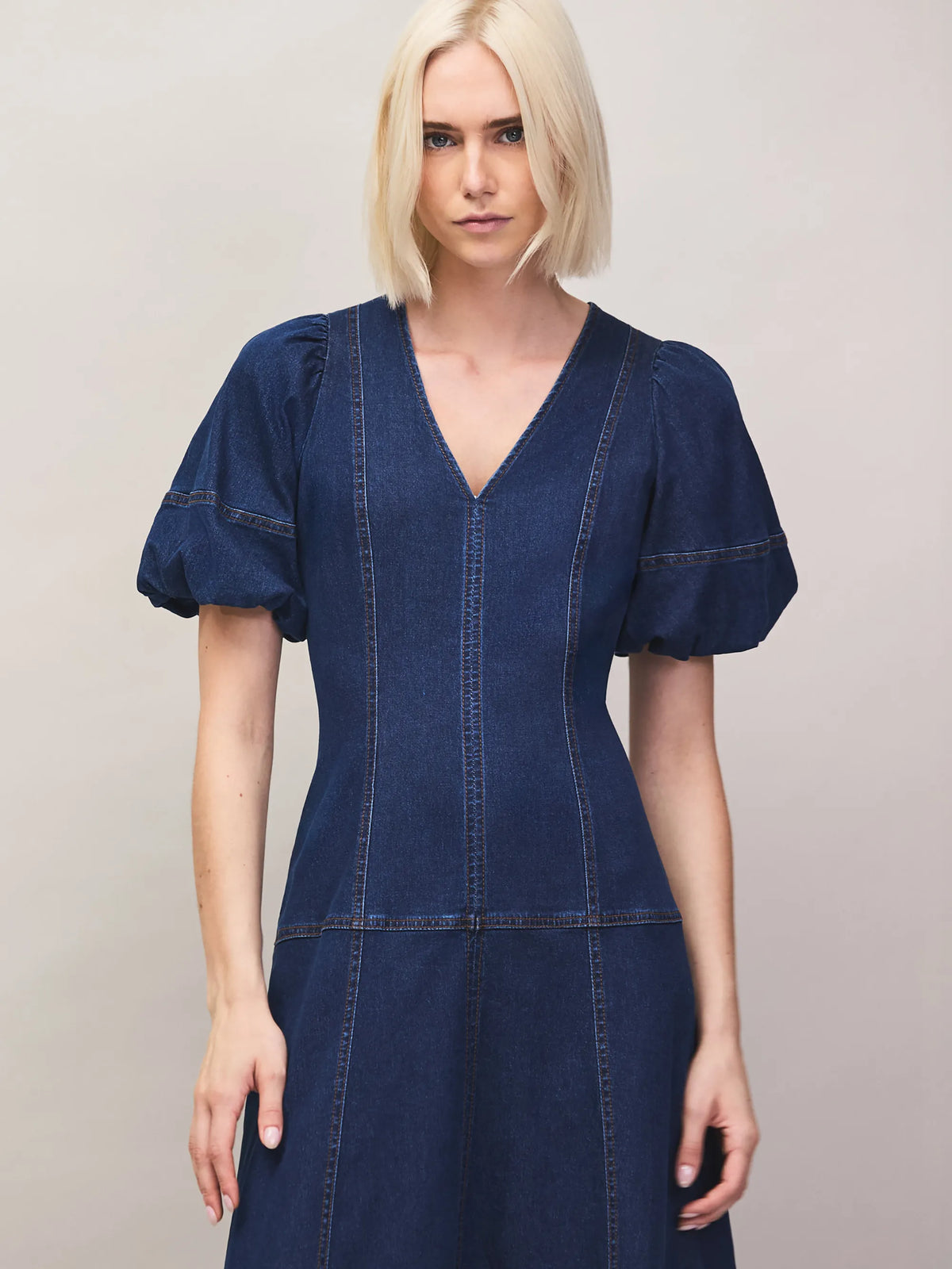 Blue Denim Puff Sleeve Midi Dress
