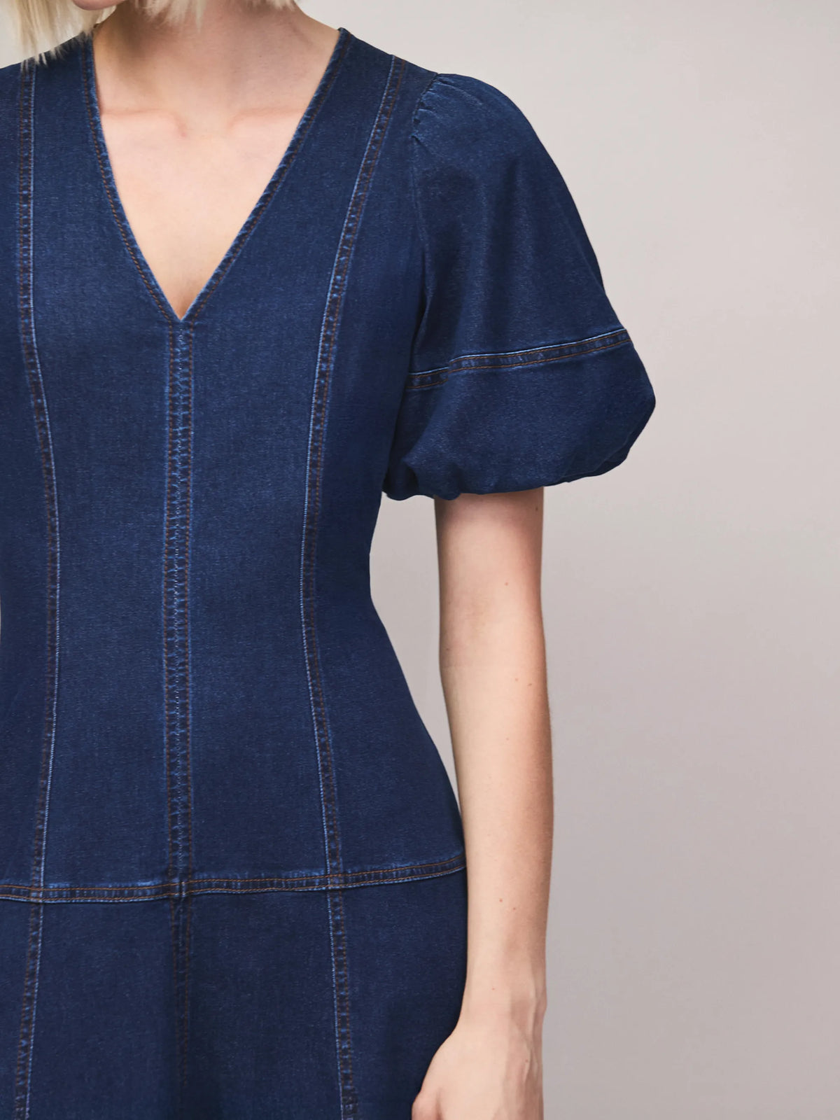 Blue Denim Puff Sleeve Midi Dress