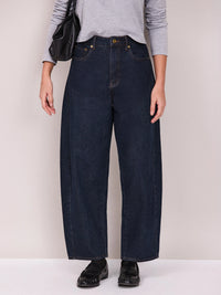 Petite Dark Blue Denim Barrel Leg Jeans