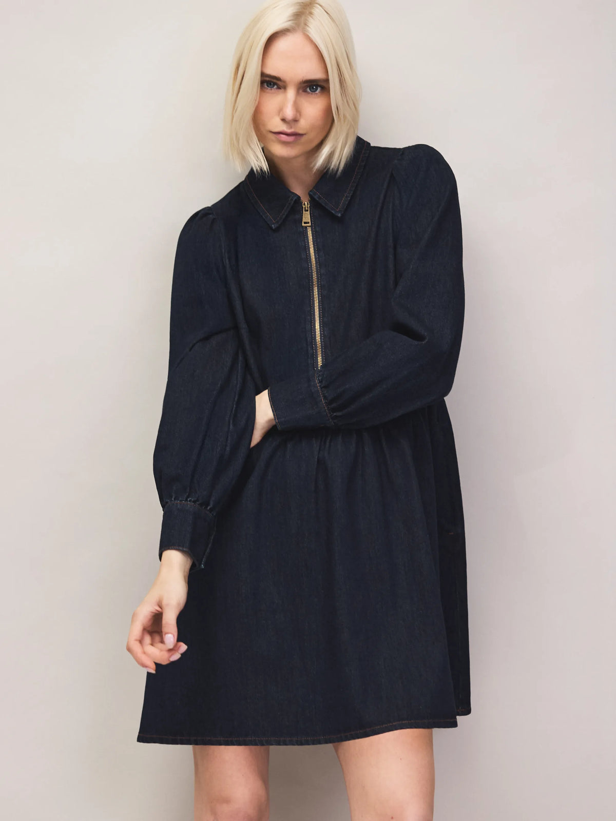 Dark blue denim zip mini dress