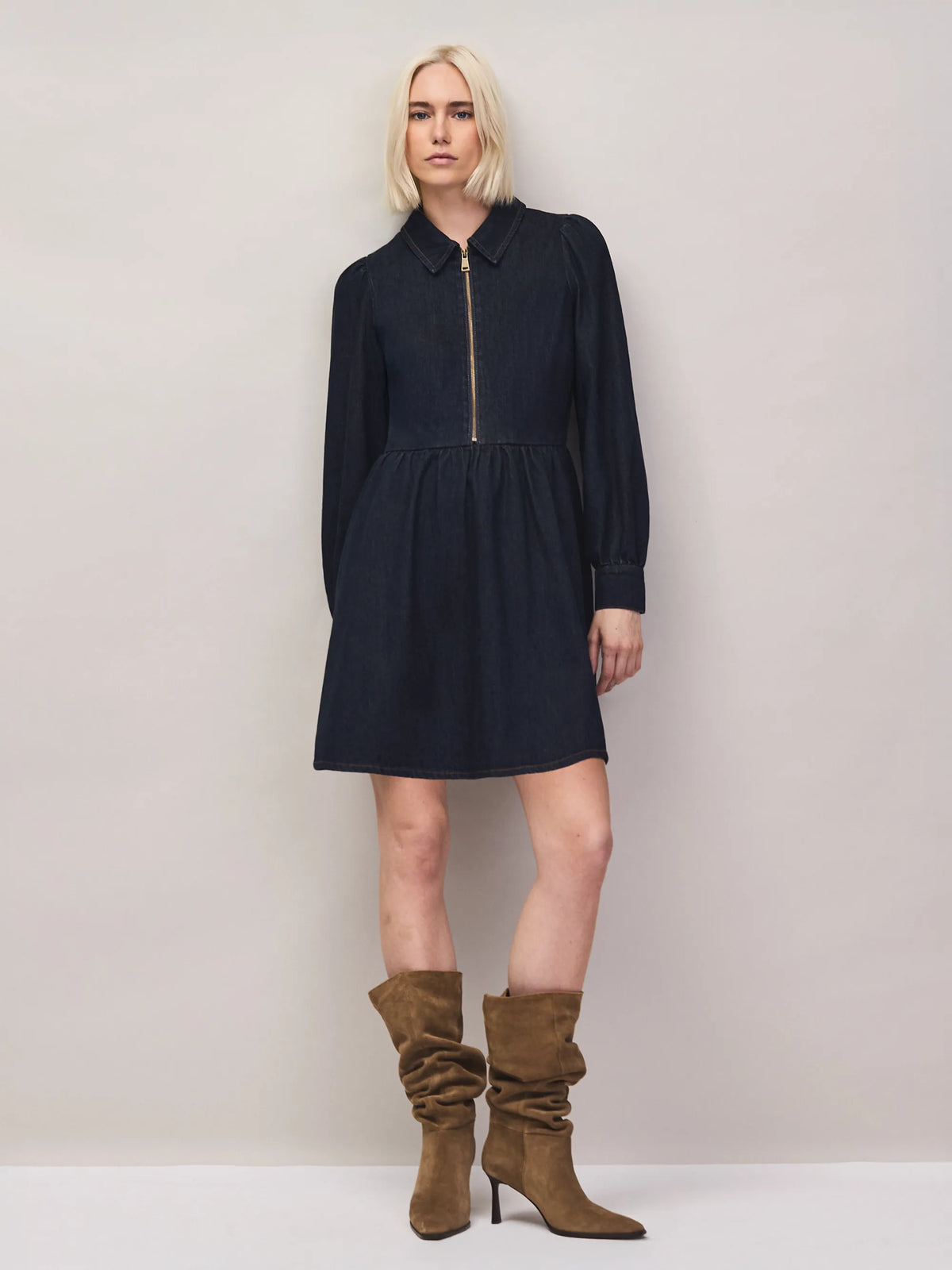 Petite Dark Blue Denim Zip Front Mini Dress