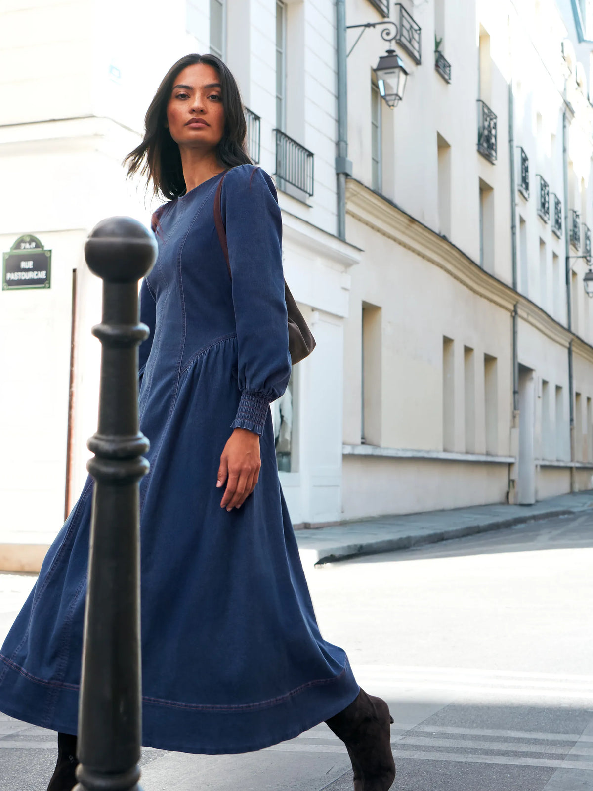 Blue Denim Gathered Side Midi Dress