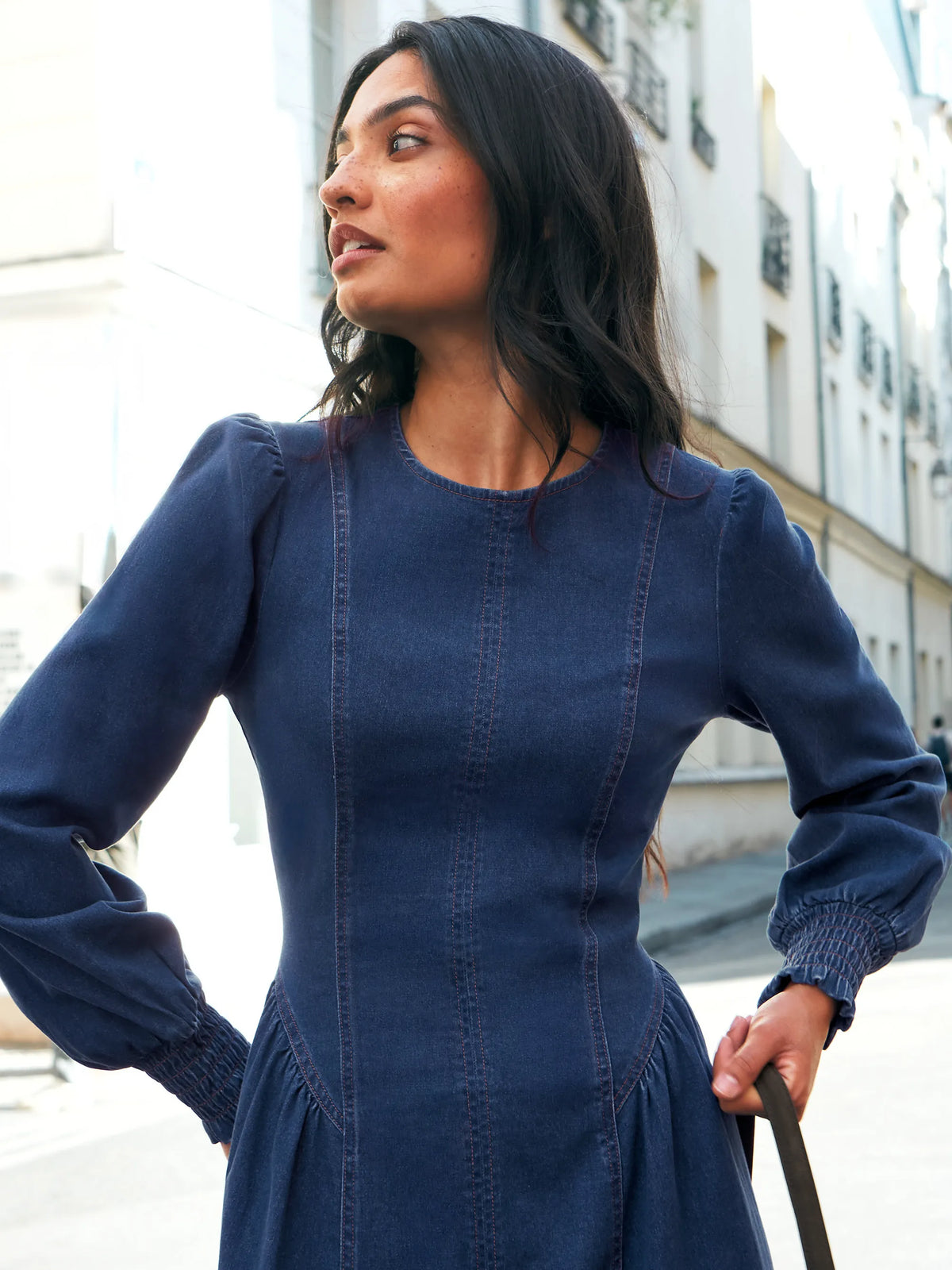 Blue Denim Gathered Side Midi Dress