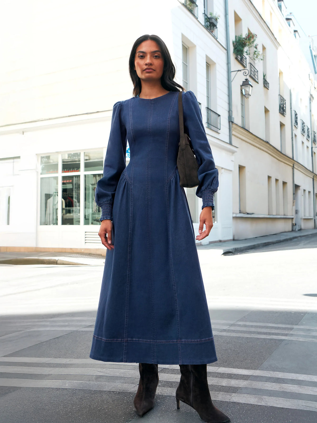 Blue Denim Gathered Side Midi Dress