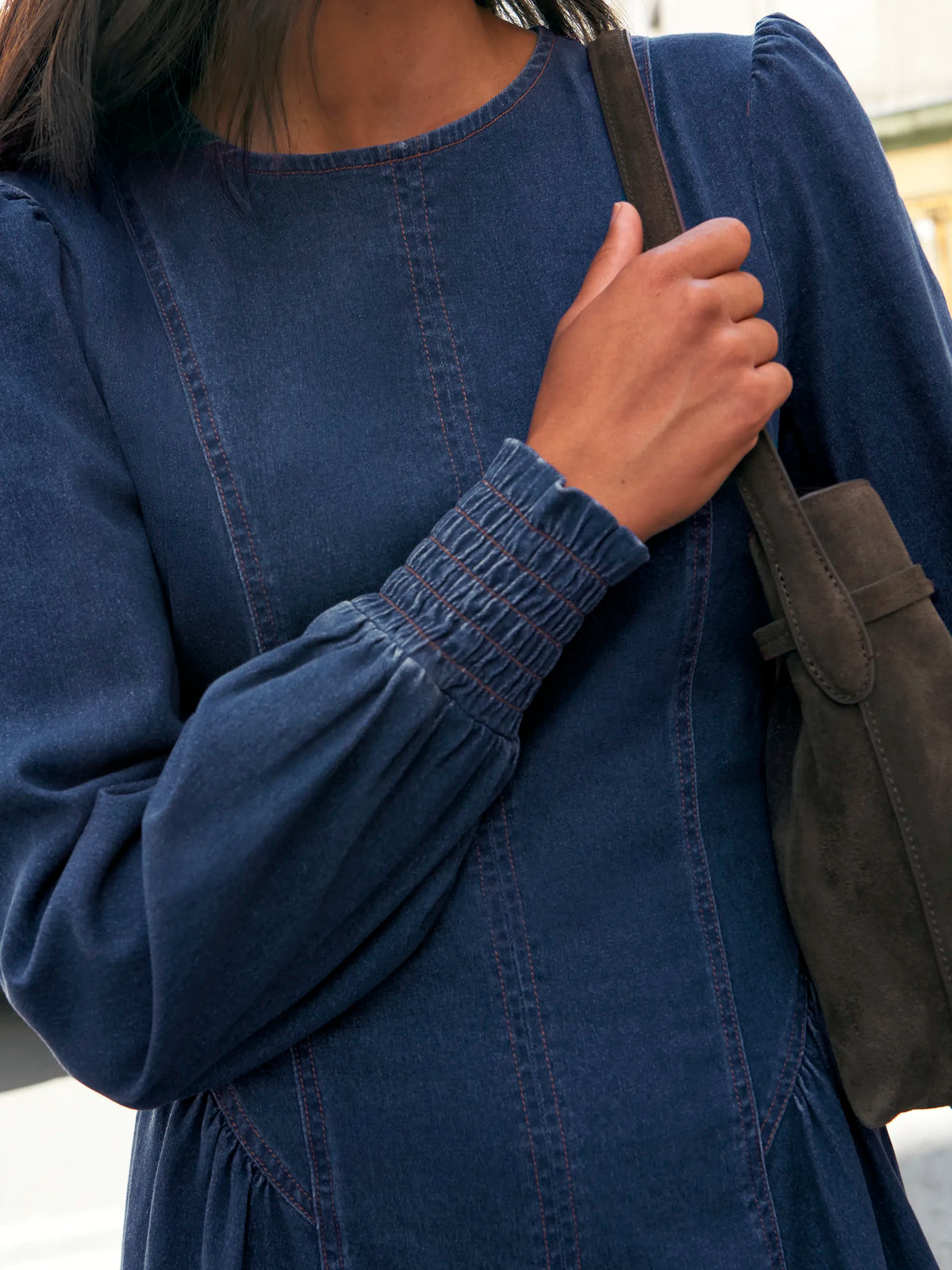 Blue Denim Gathered Side Midi Dress