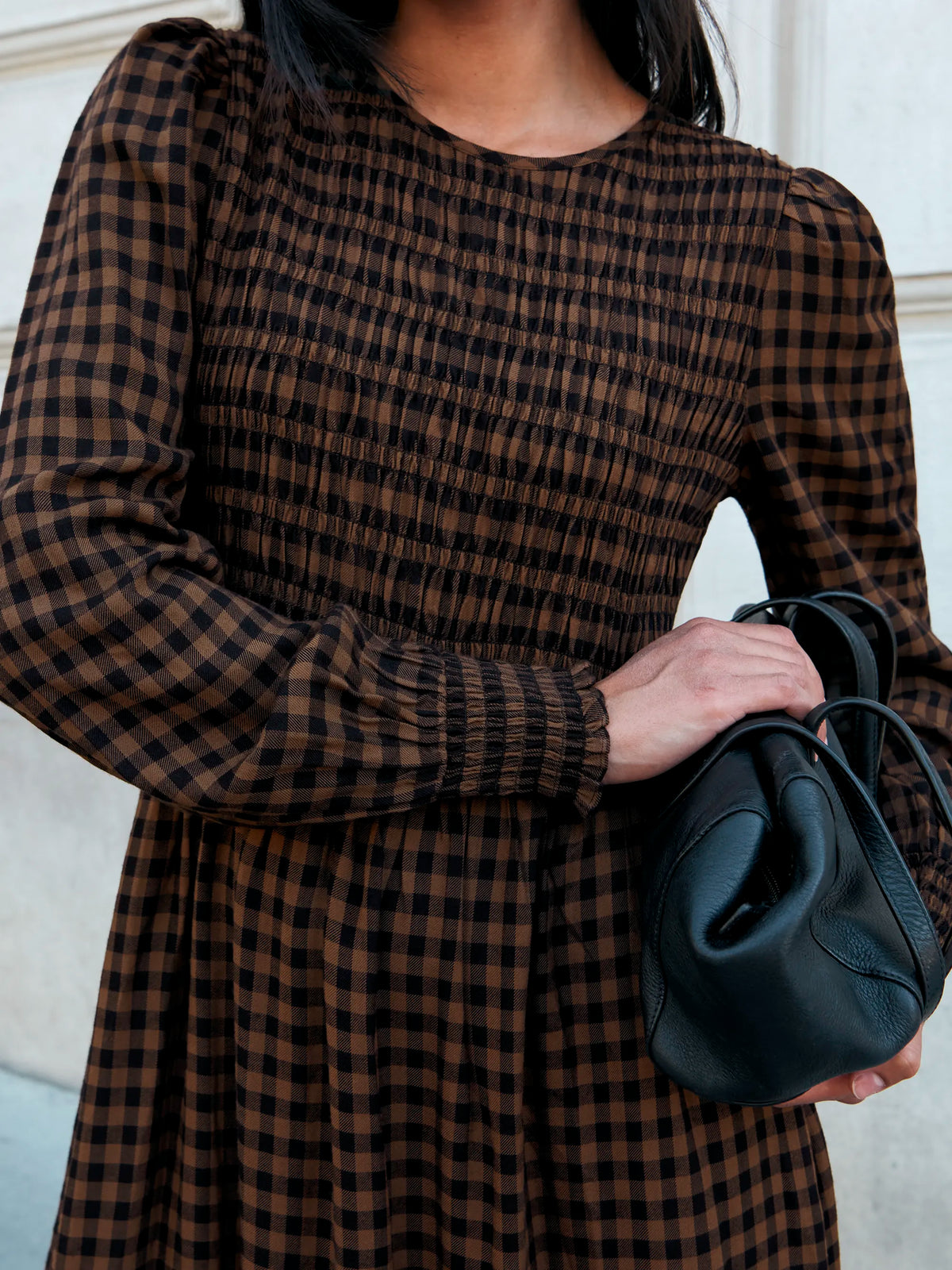 Petite Brown Gingham Shirred Bodice Dress
