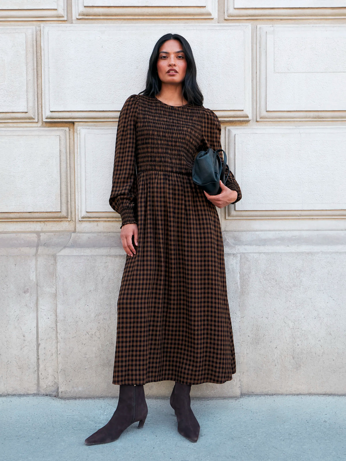 Petite Brown Gingham Shirred Bodice Dress