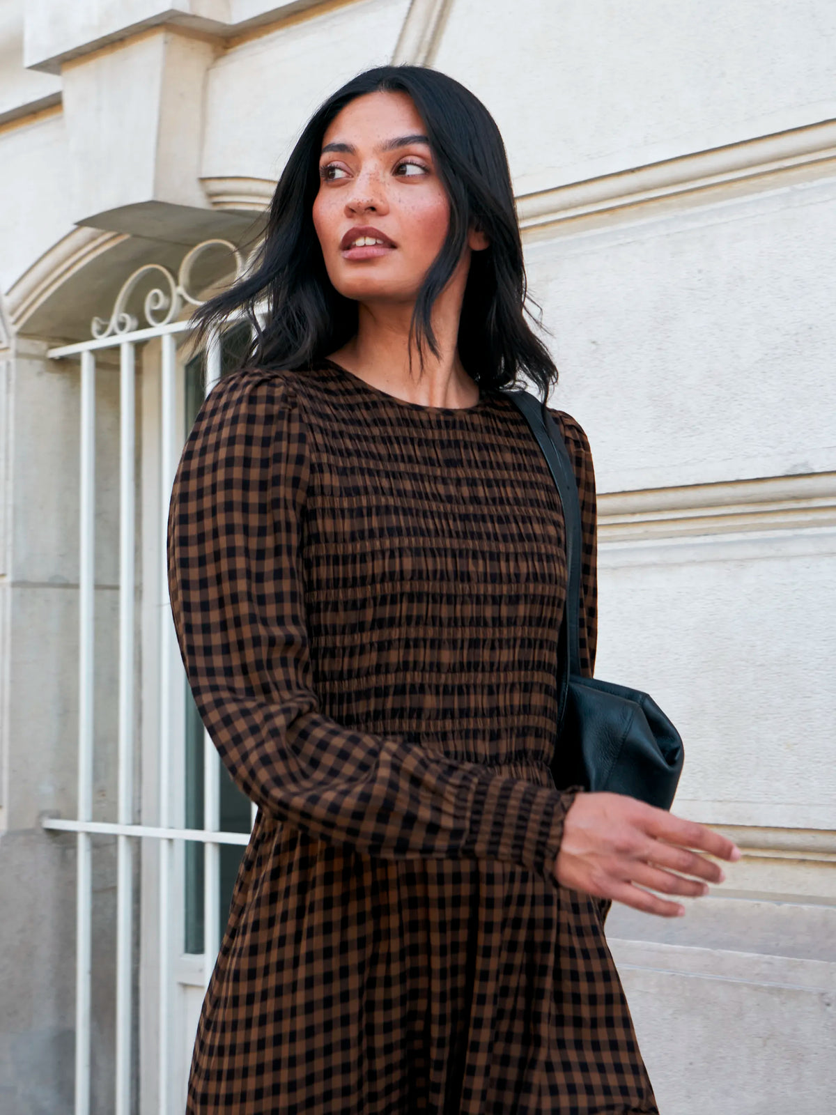 Petite Brown Gingham Shirred Bodice Dress