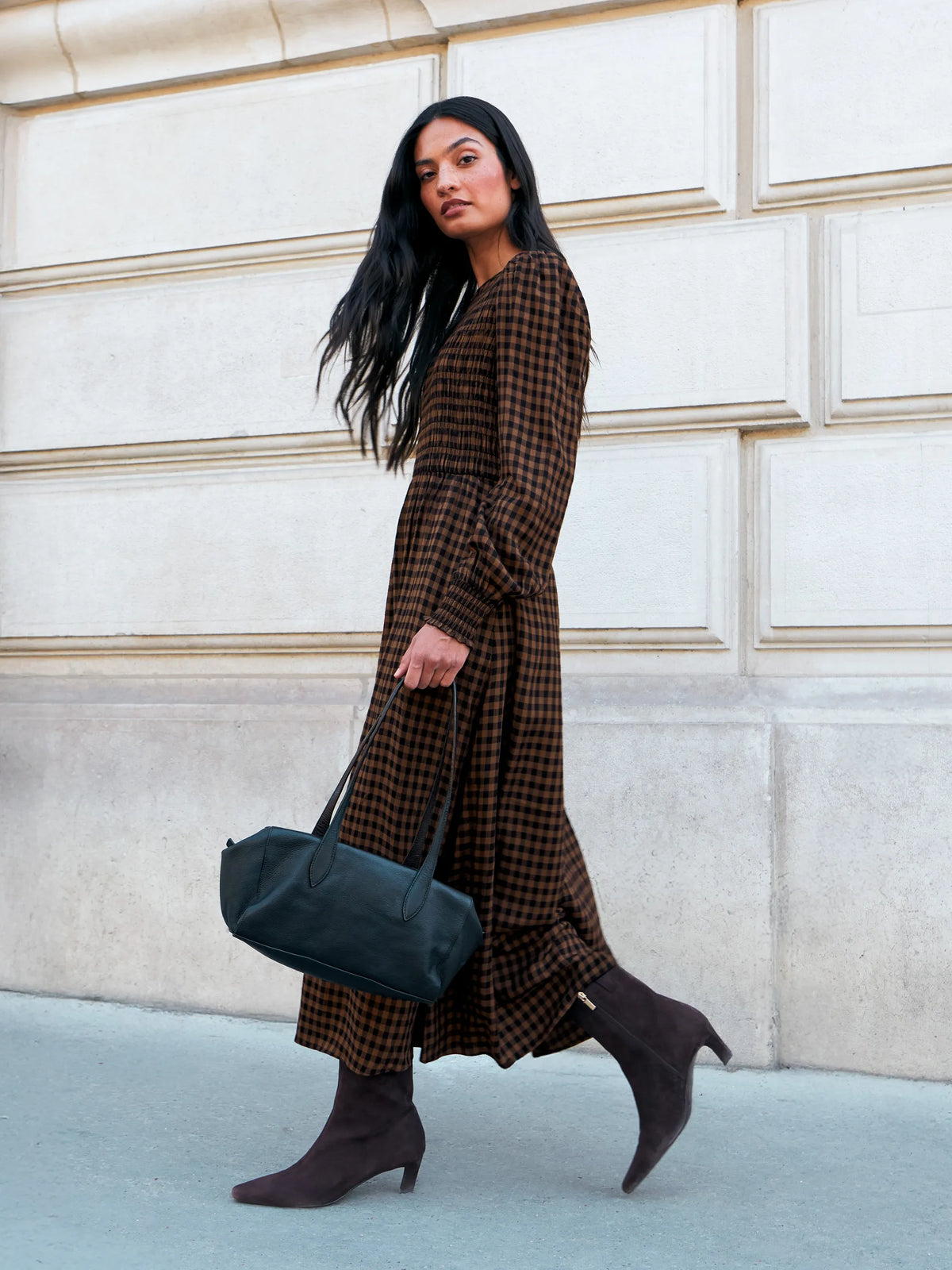 Petite Brown Gingham Shirred Bodice Dress