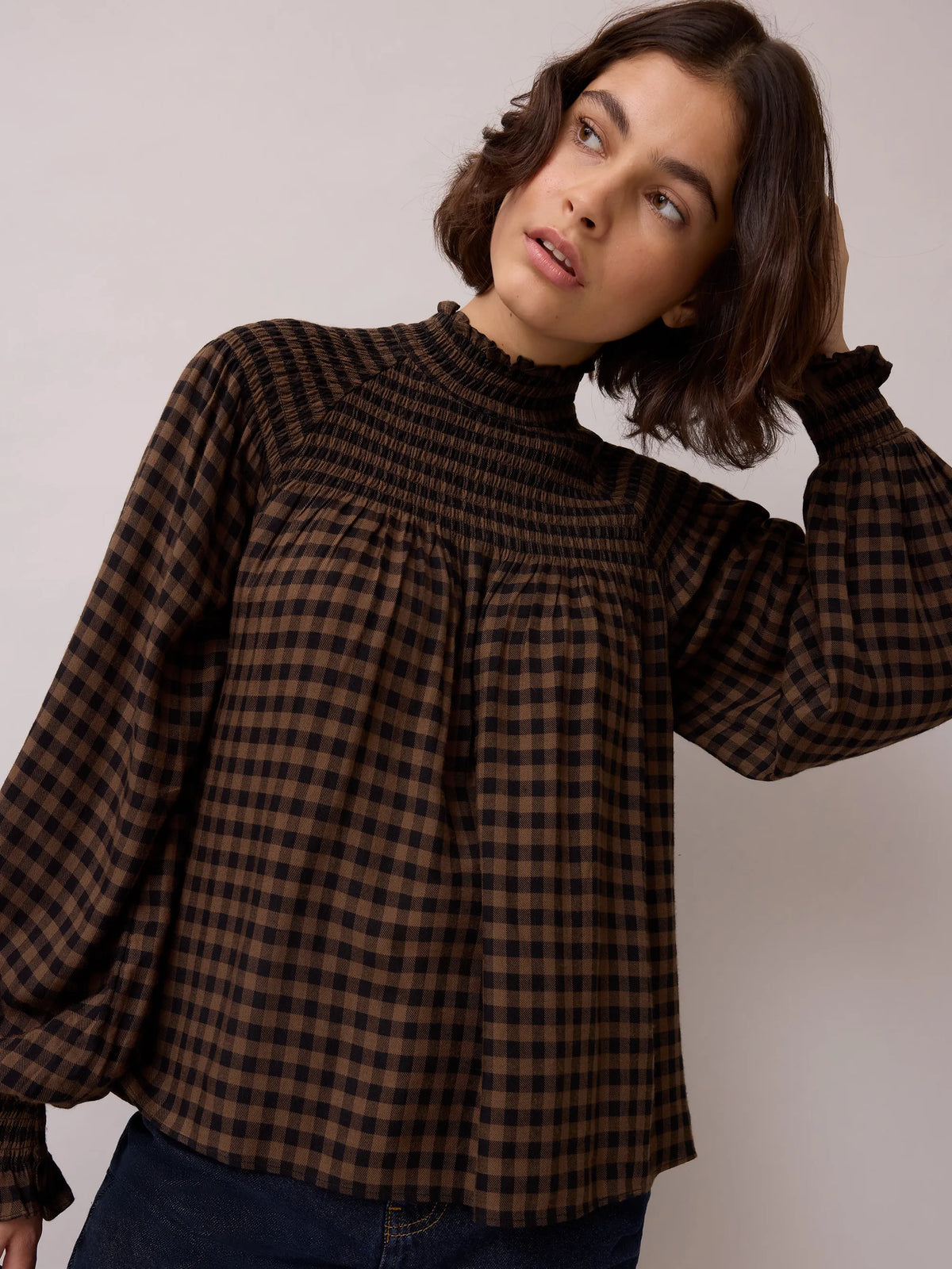 Brown Gingham Shirred Neck Blouse