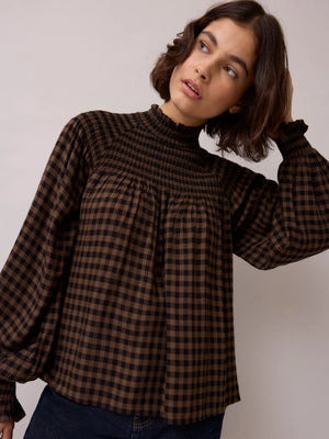 Brown Gingham Shirred Neck Blouse