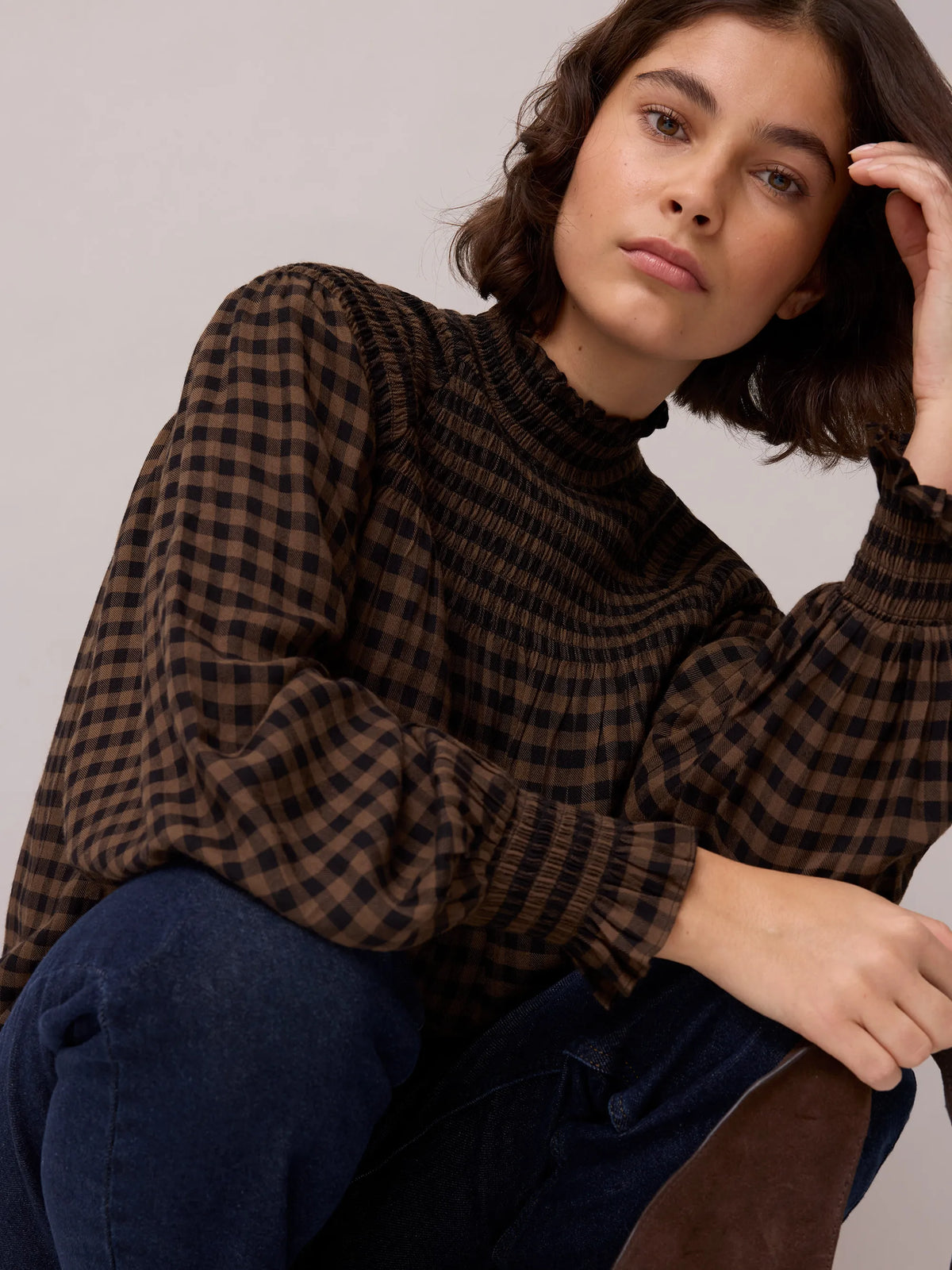 Brown Gingham Shirred Neck Blouse