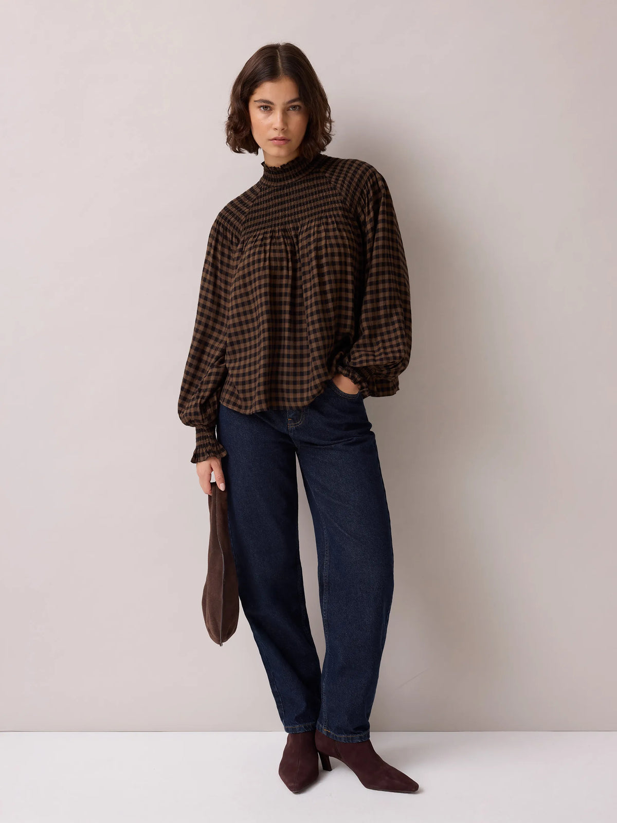 Brown Gingham Shirred Neck Blouse