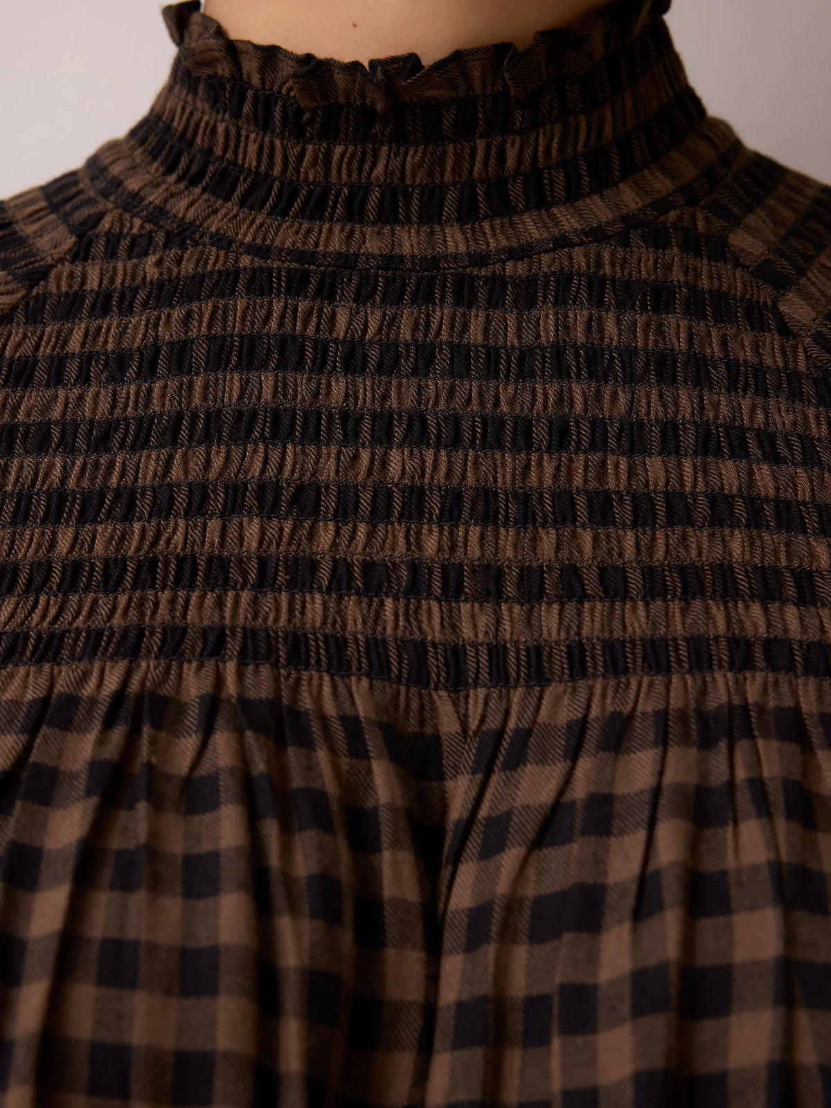 Brown Gingham Shirred Neck Blouse