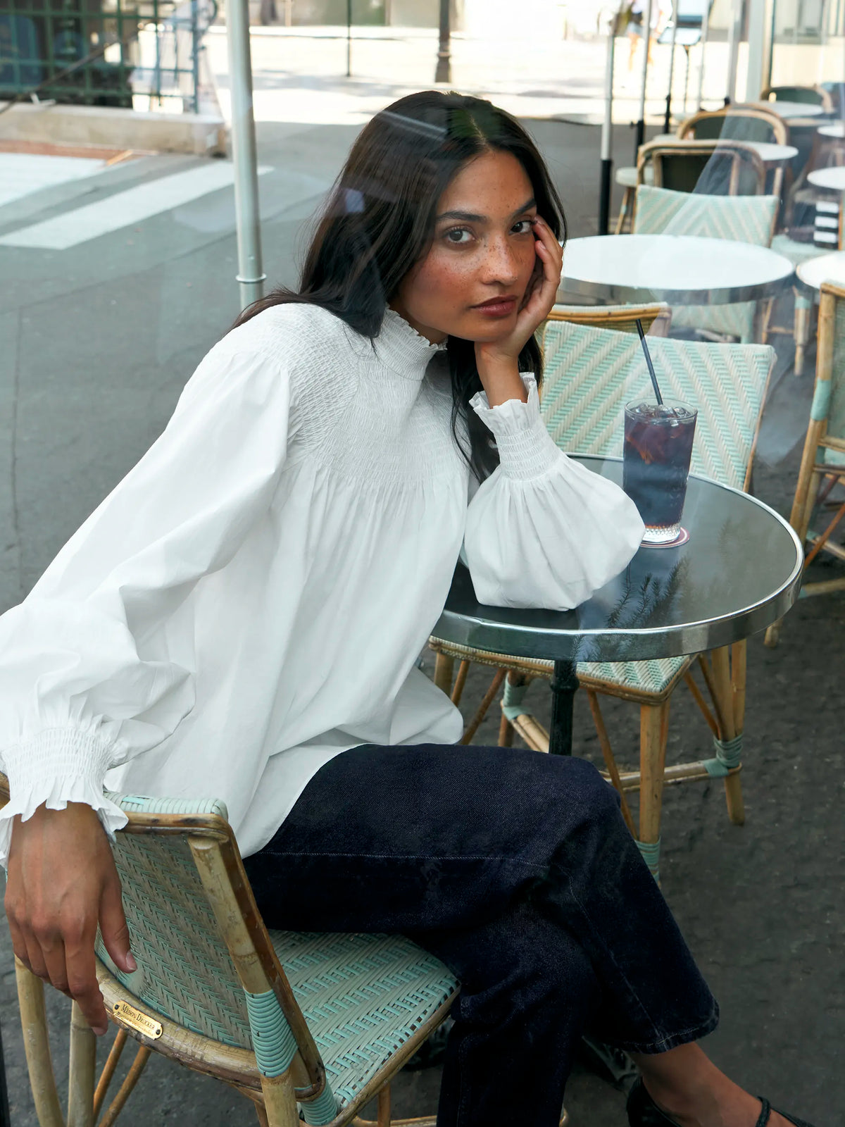 White Cotton Shirred Neck Blouse