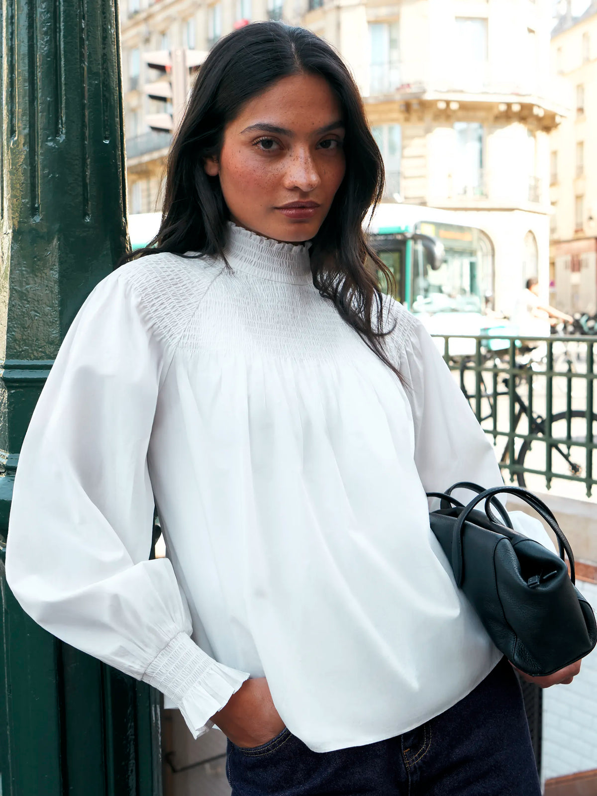 White Cotton Shirred Neck Blouse